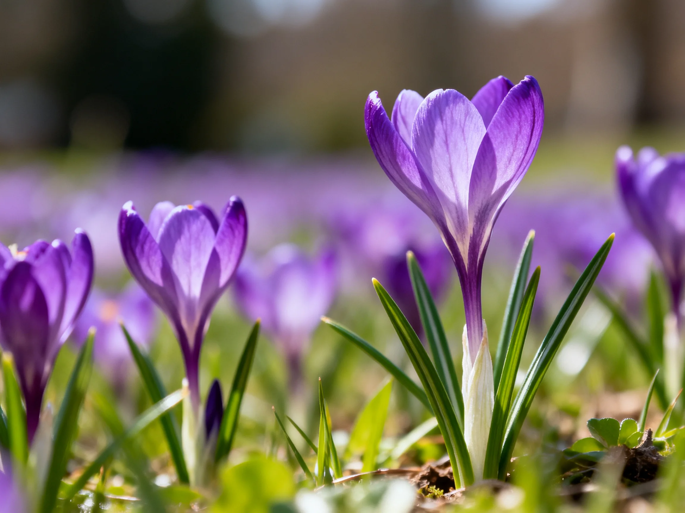 Vibrant purple crocus blooms scattered among green grass and blurred background