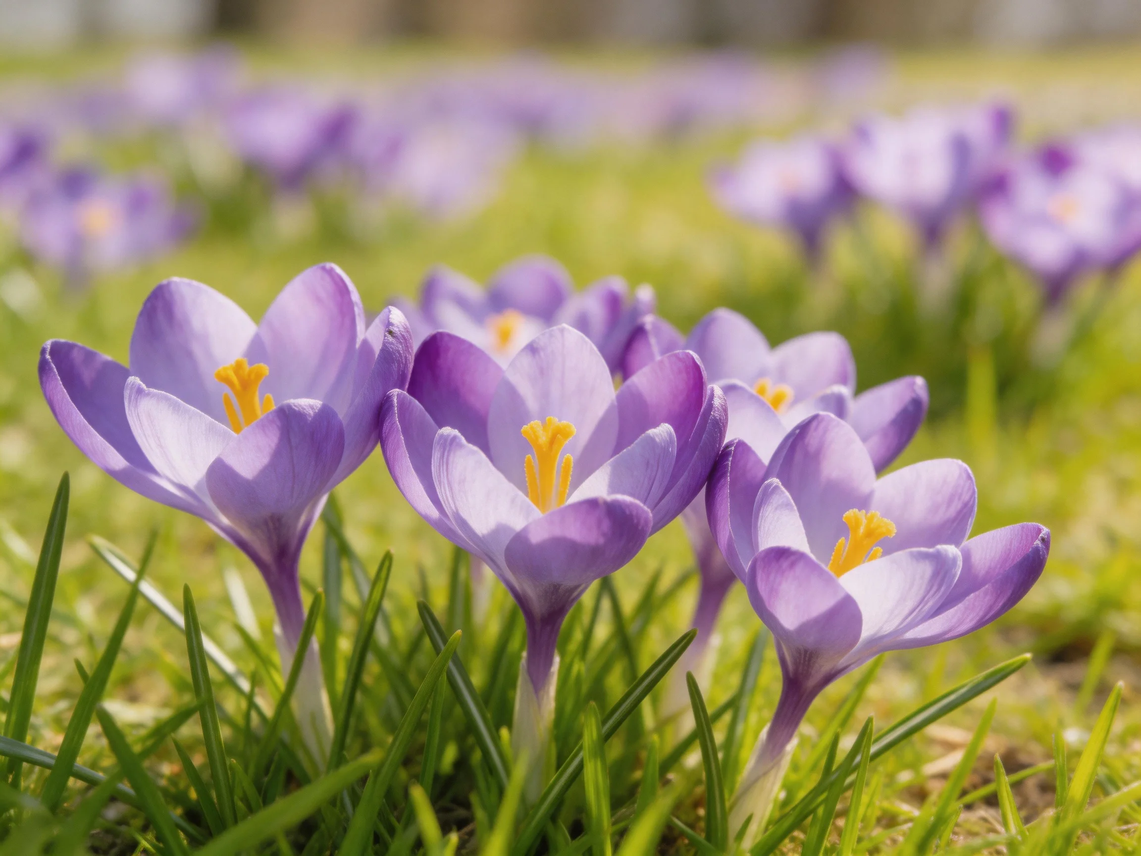 Vibrant purple crocus blooms thrive amid lush green grass