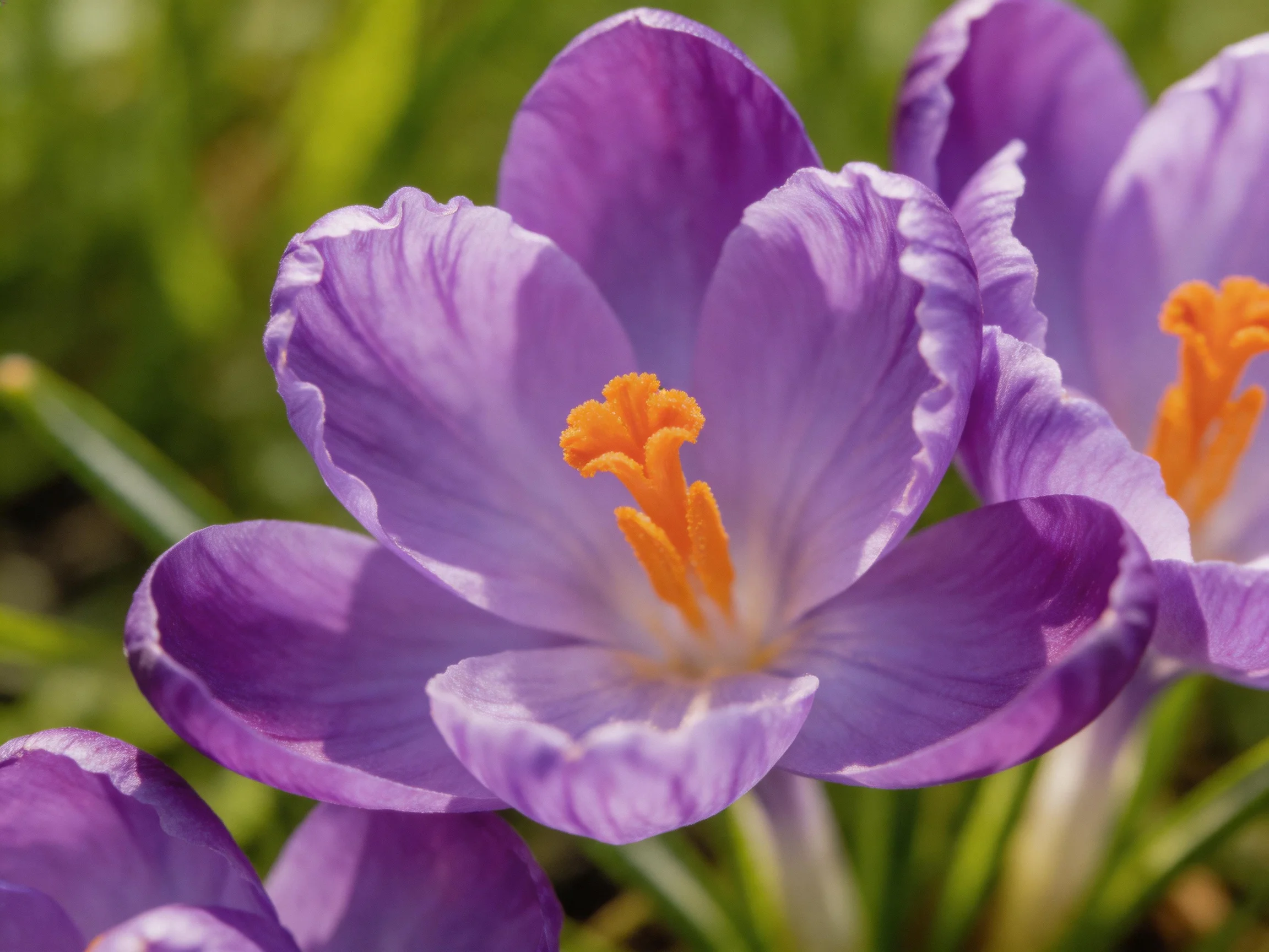 Vibrant purple crocus blooms with bright orange stamens