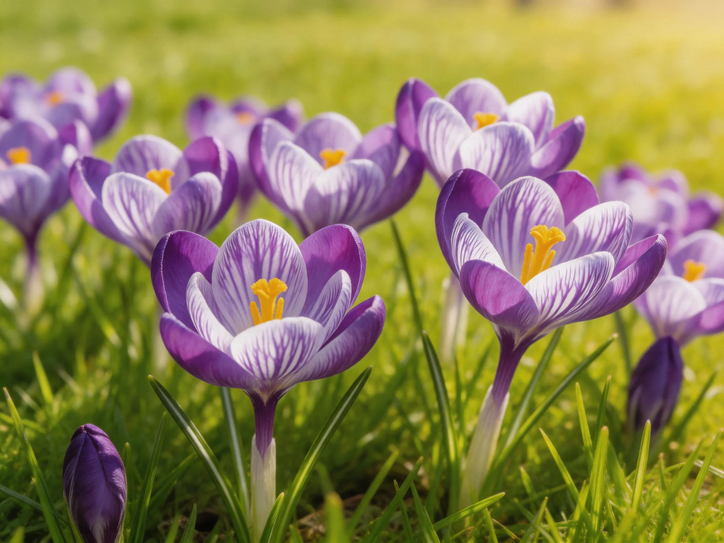 Vibrant purple crocus flowers bloom in a sunlit grassy area.