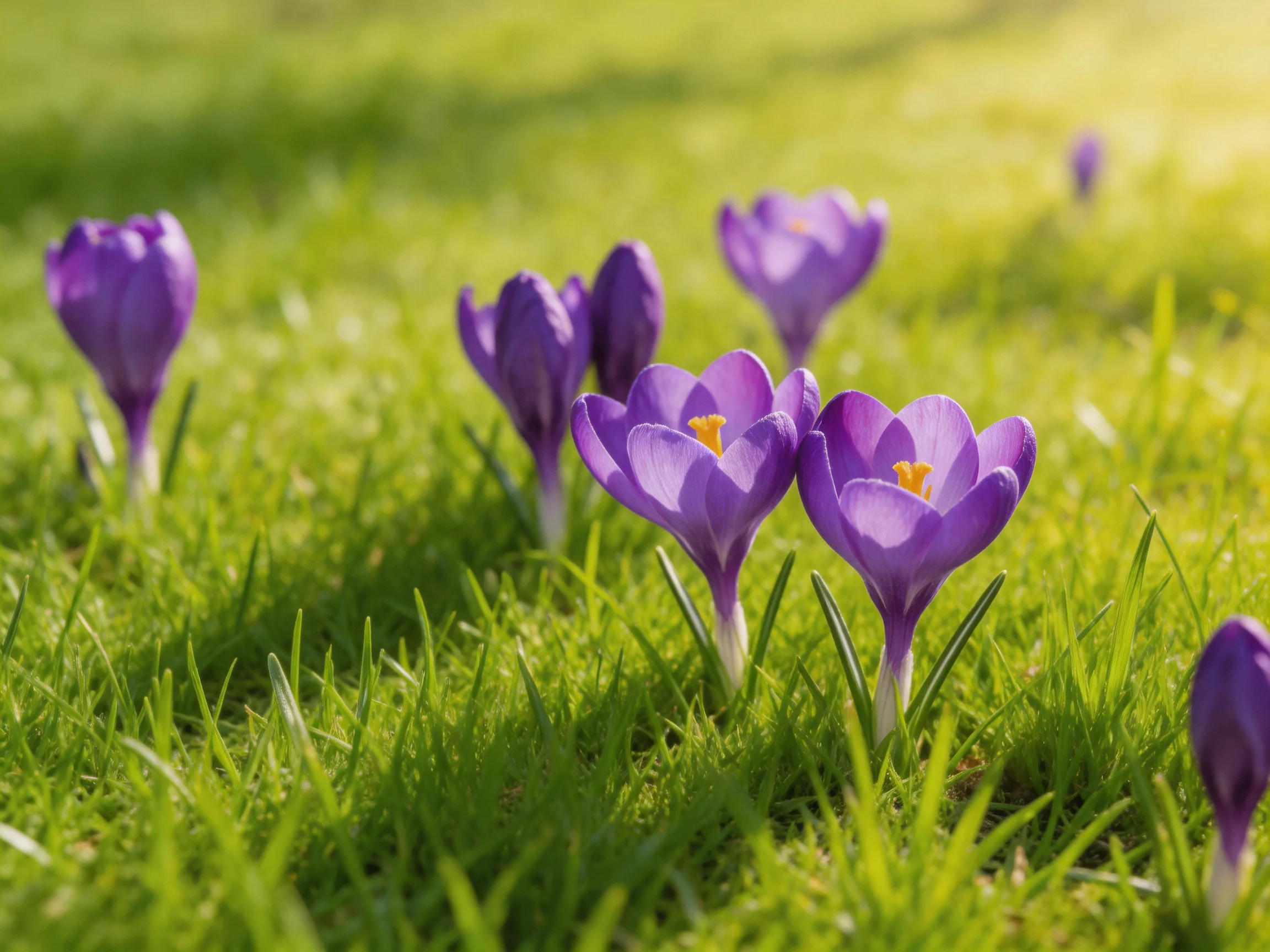 Vibrant purple crocus flowers bloom in lush green grass under sunny light