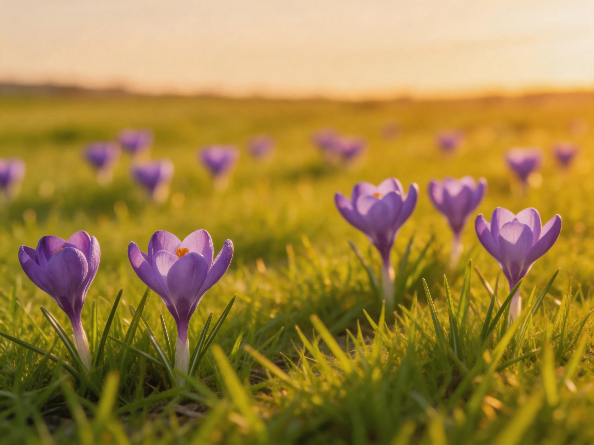 Vibrant purple crocus flowers scattered throughout a sunlit green meadow