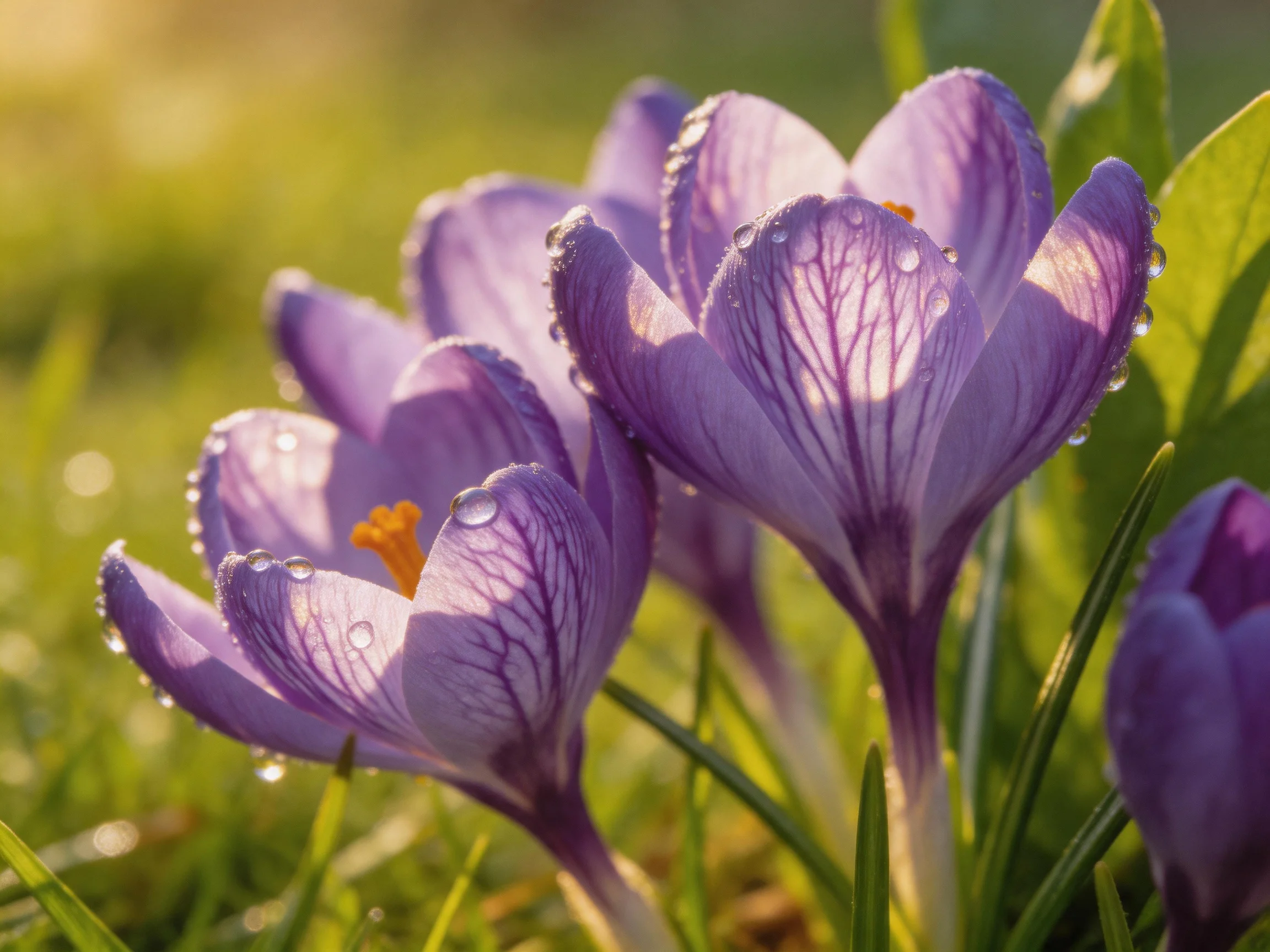 Vibrant purple crocus flowers with dew drops in sunny meadow