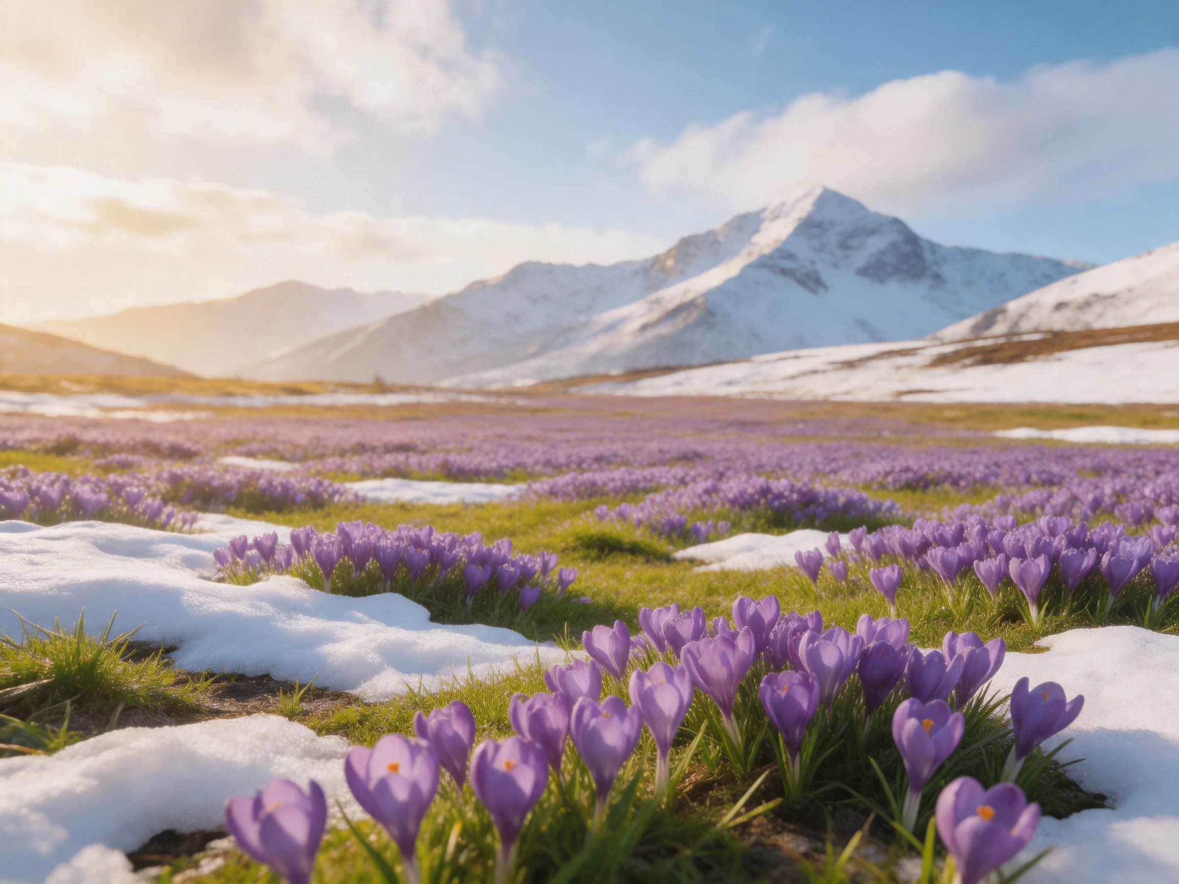 Vibrant purple crocuses bloom in a snowy mountain valley