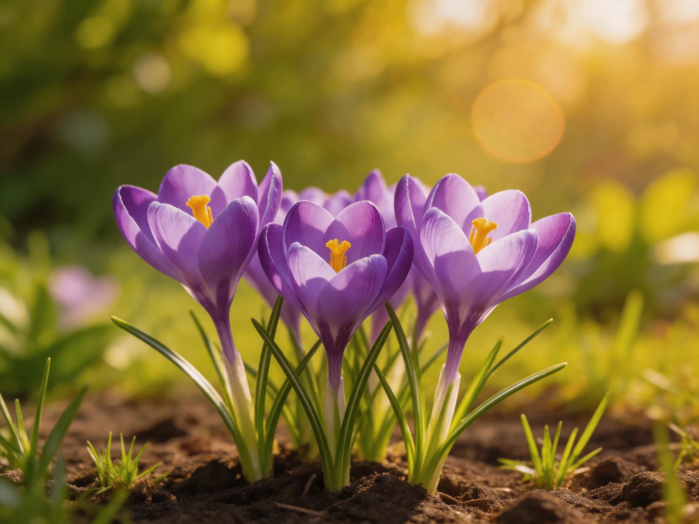 Vibrant purple crocuses bloom in a sunlit garden with golden light