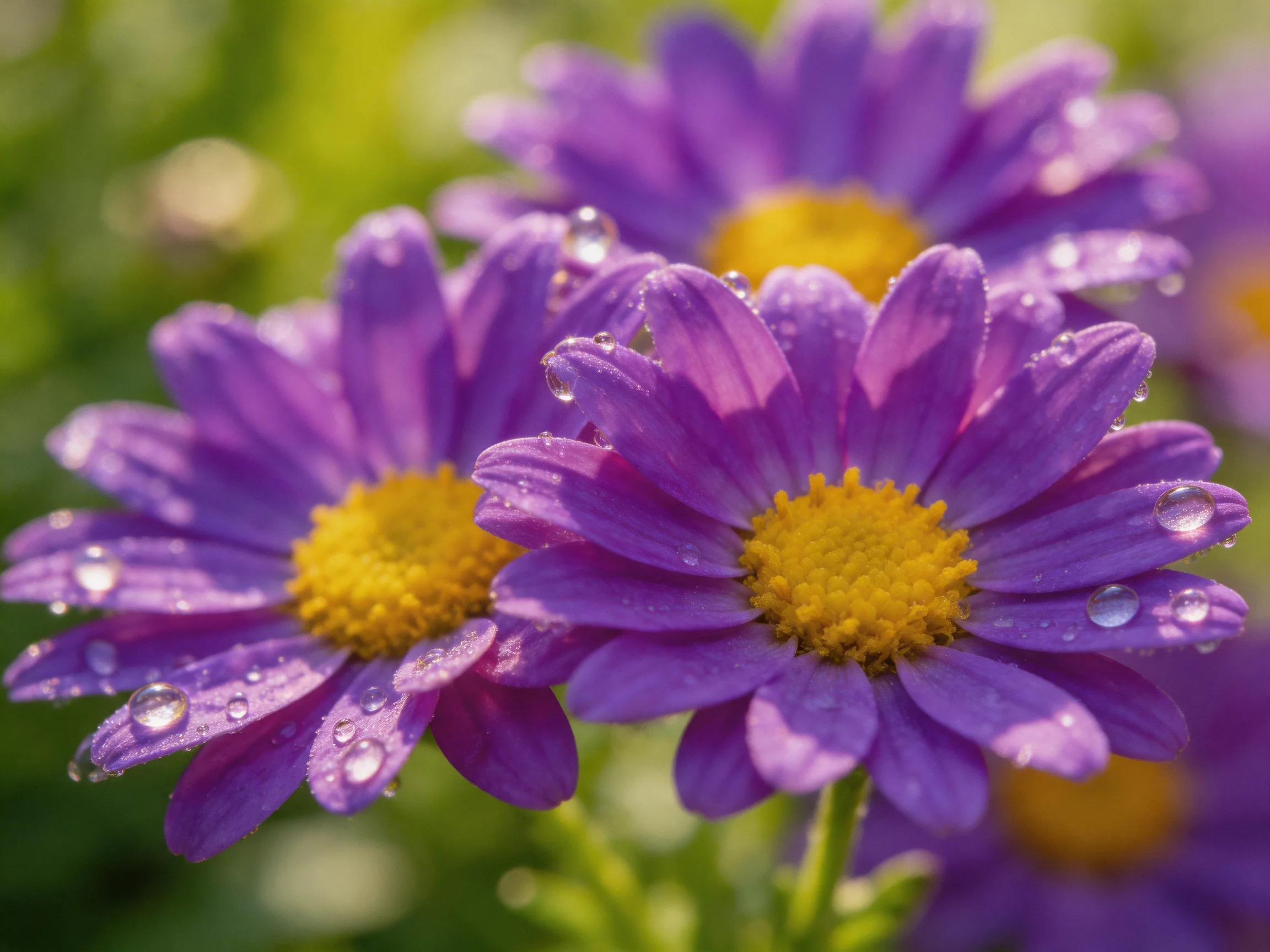 Vibrant purple daisies with water droplets and yellow centers