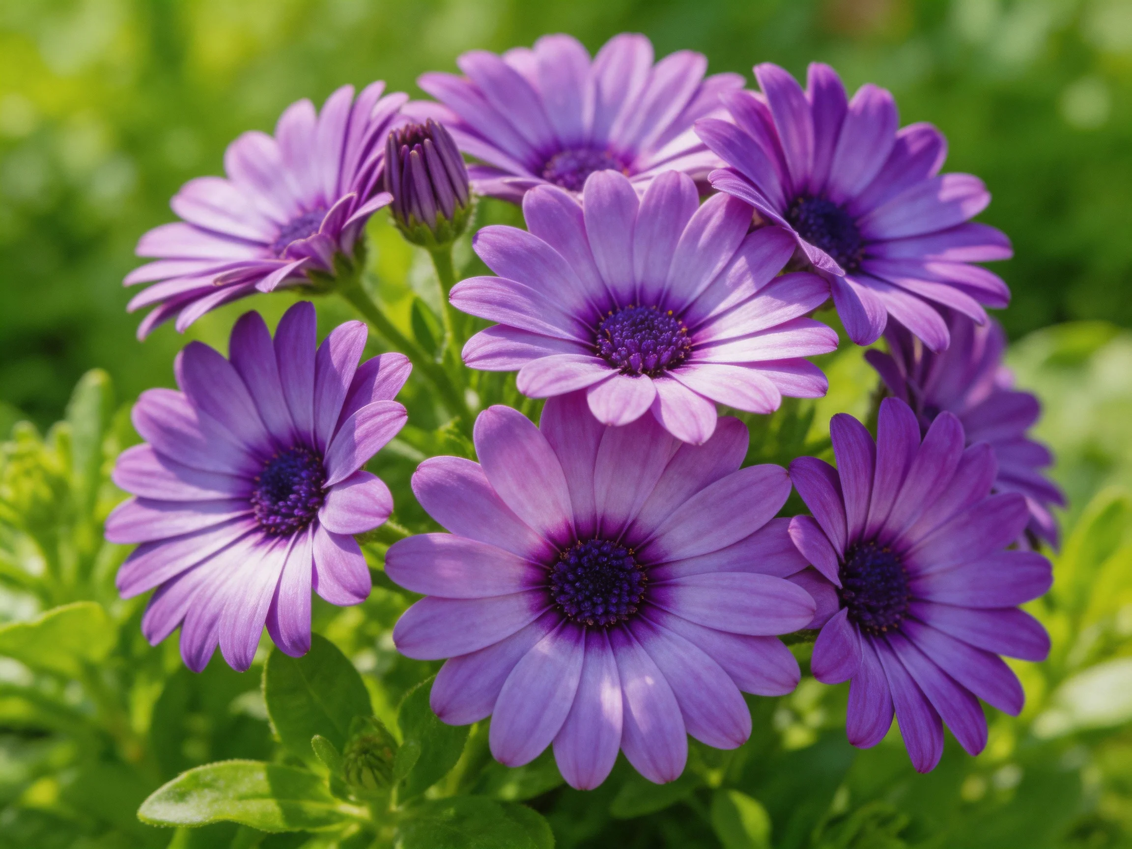 Vibrant purple daisy flowers clustered amid lush green foliage