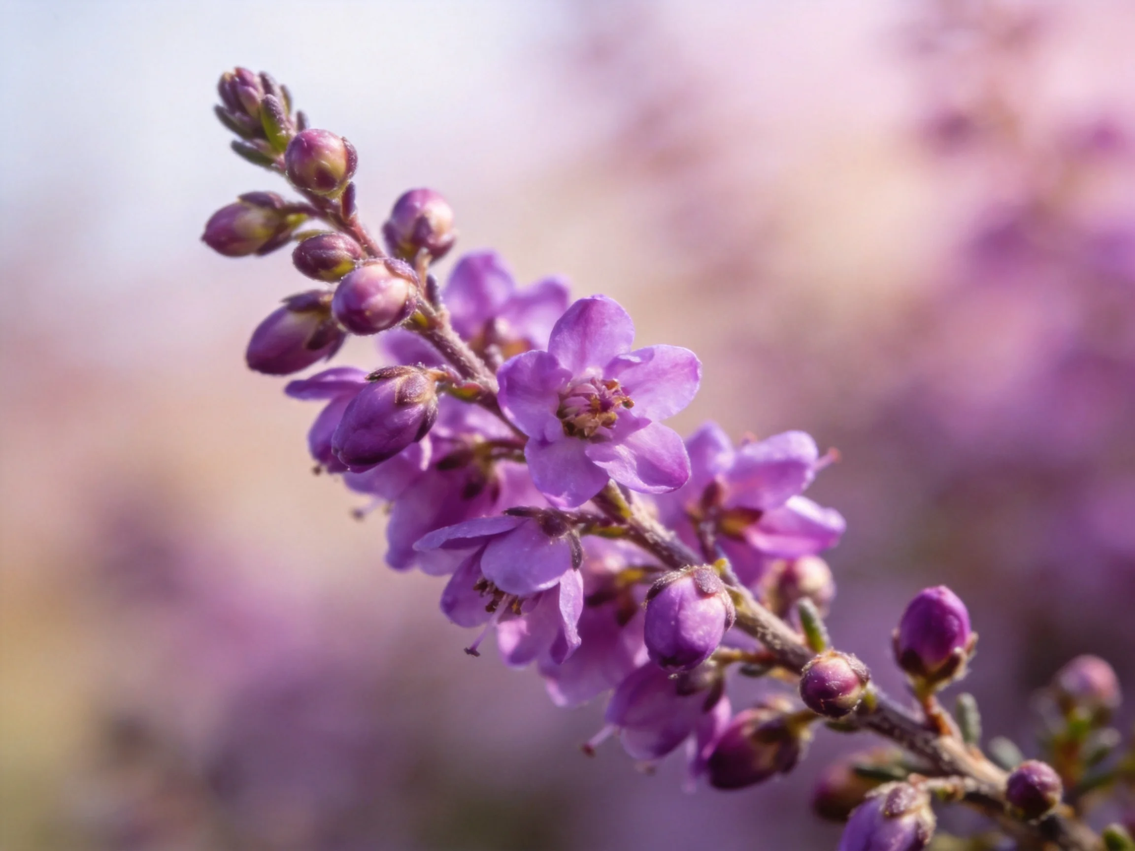 Vibrant purple flower buds and open blooms along a slender branch