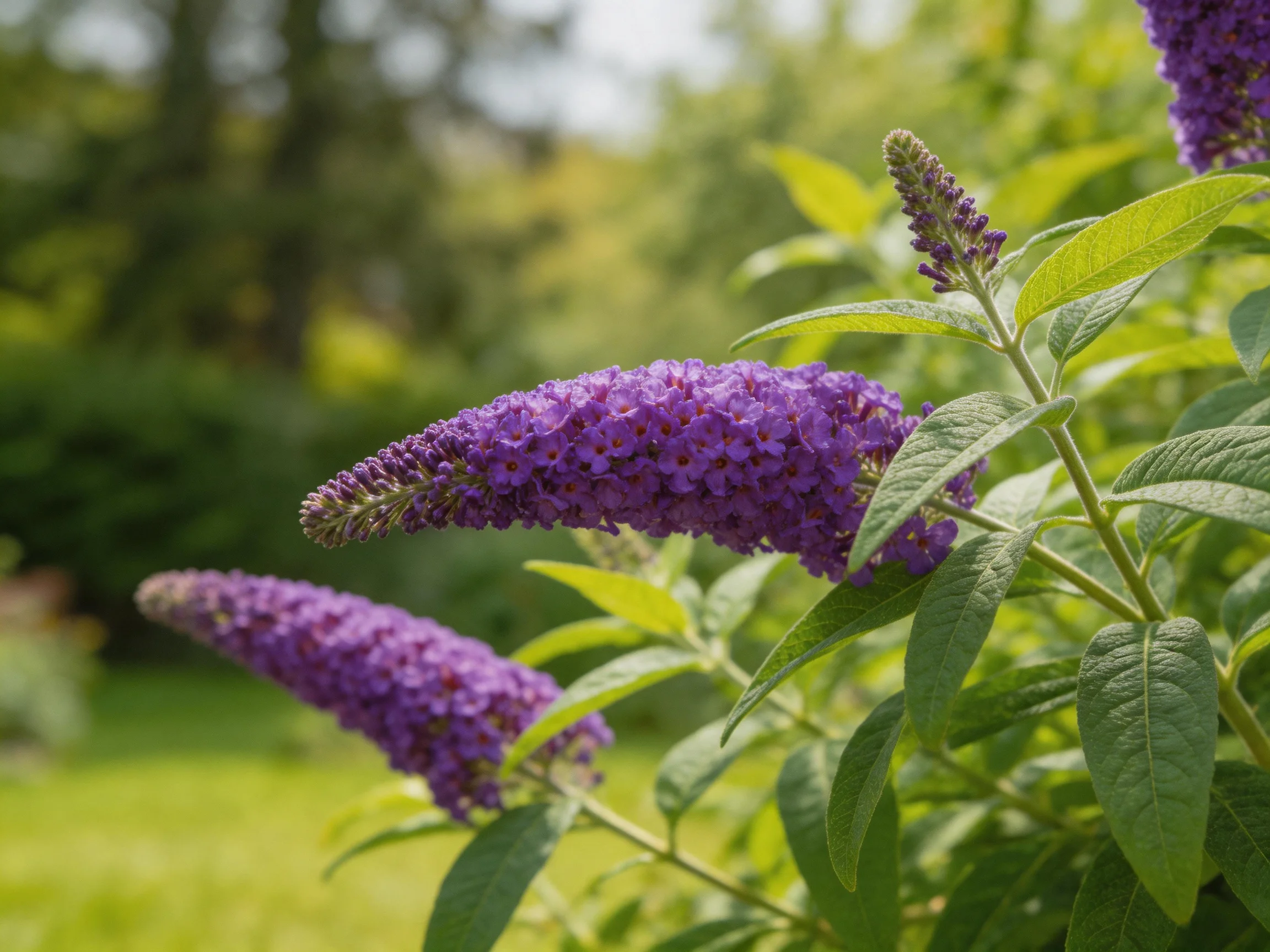Vibrant purple flower clusters bloom among lush green foliage