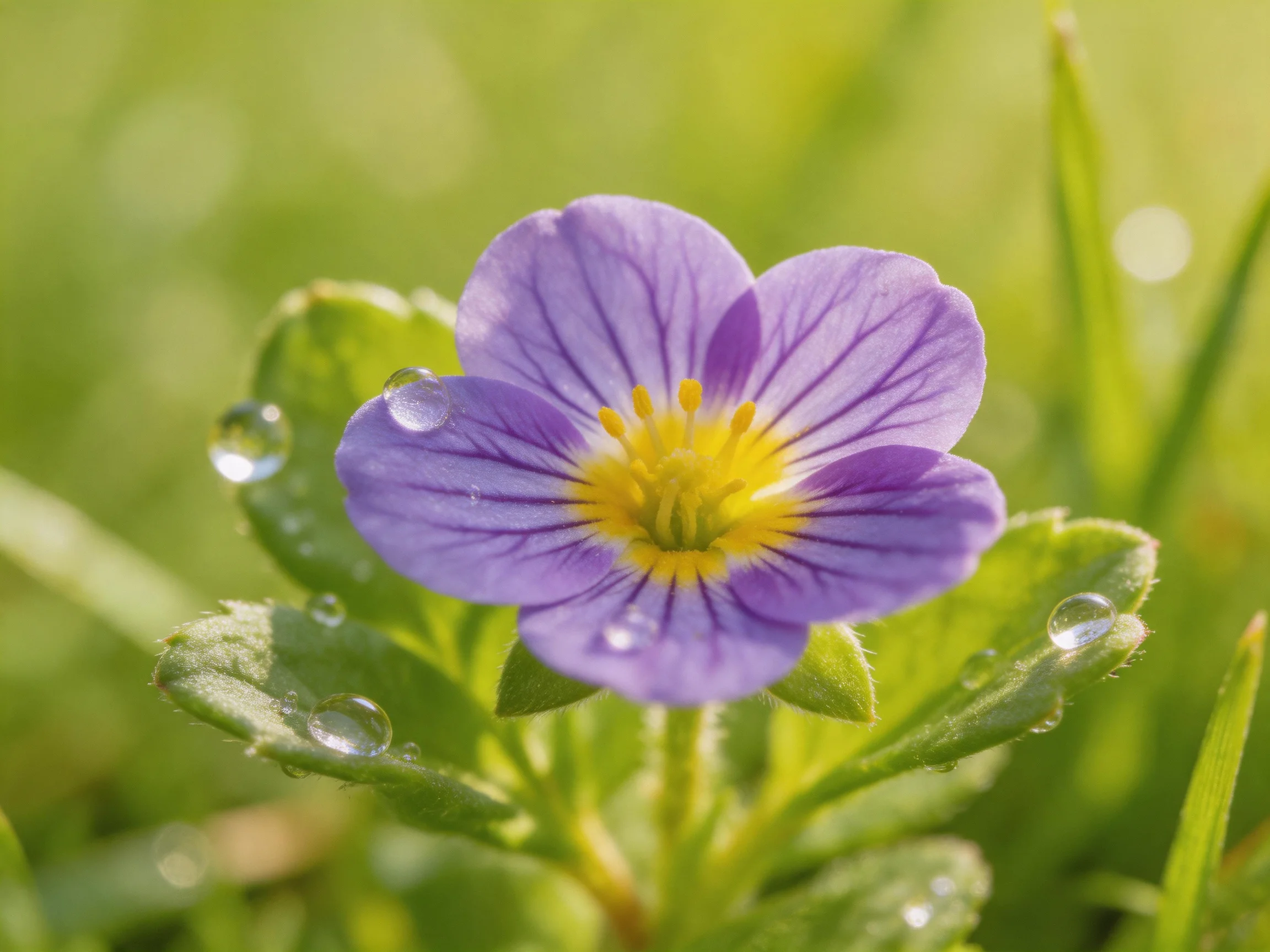 Vibrant purple flower with dew drops on green leaves