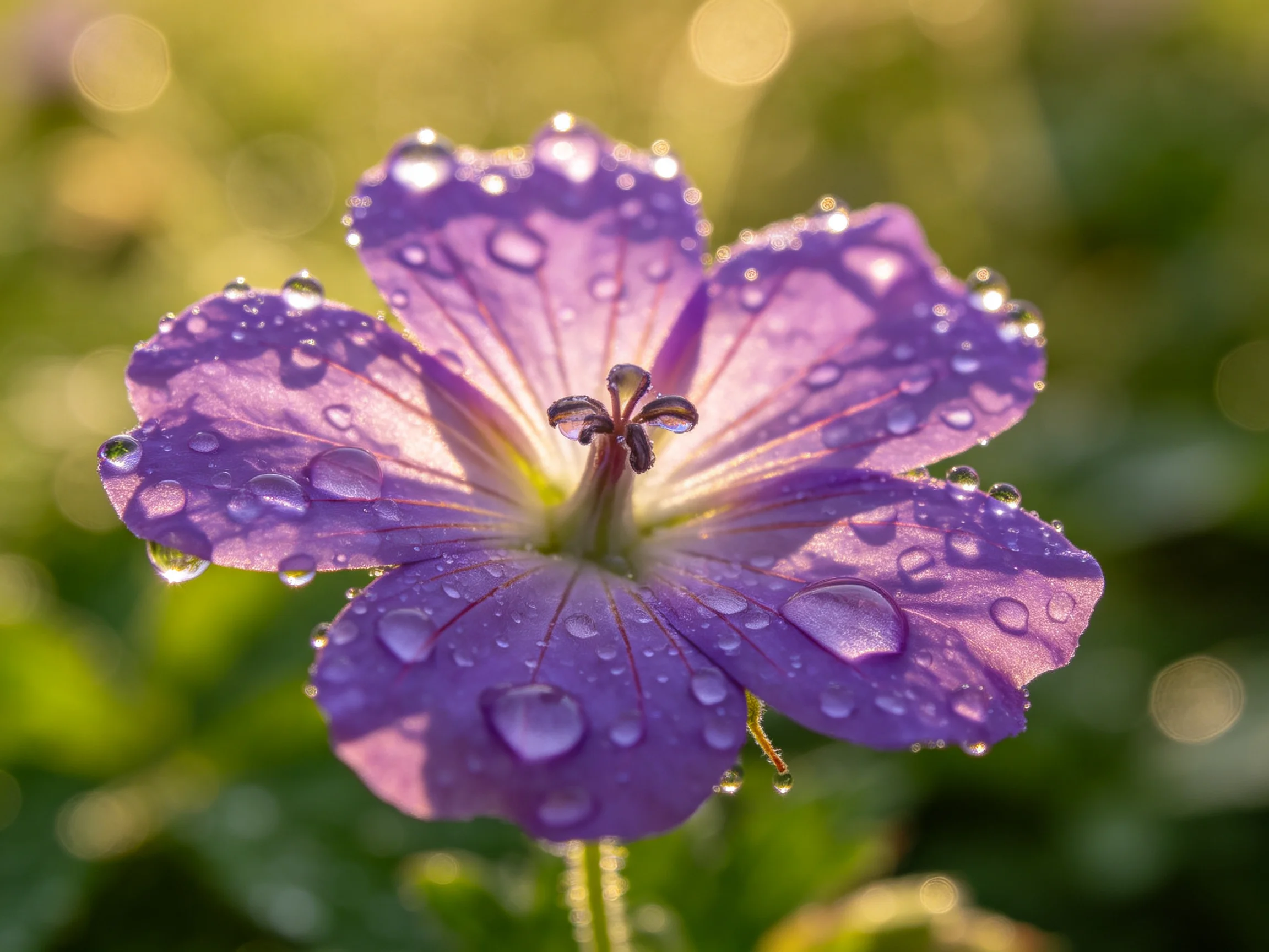 Vibrant purple flower with glistening dewdrops in soft morning light