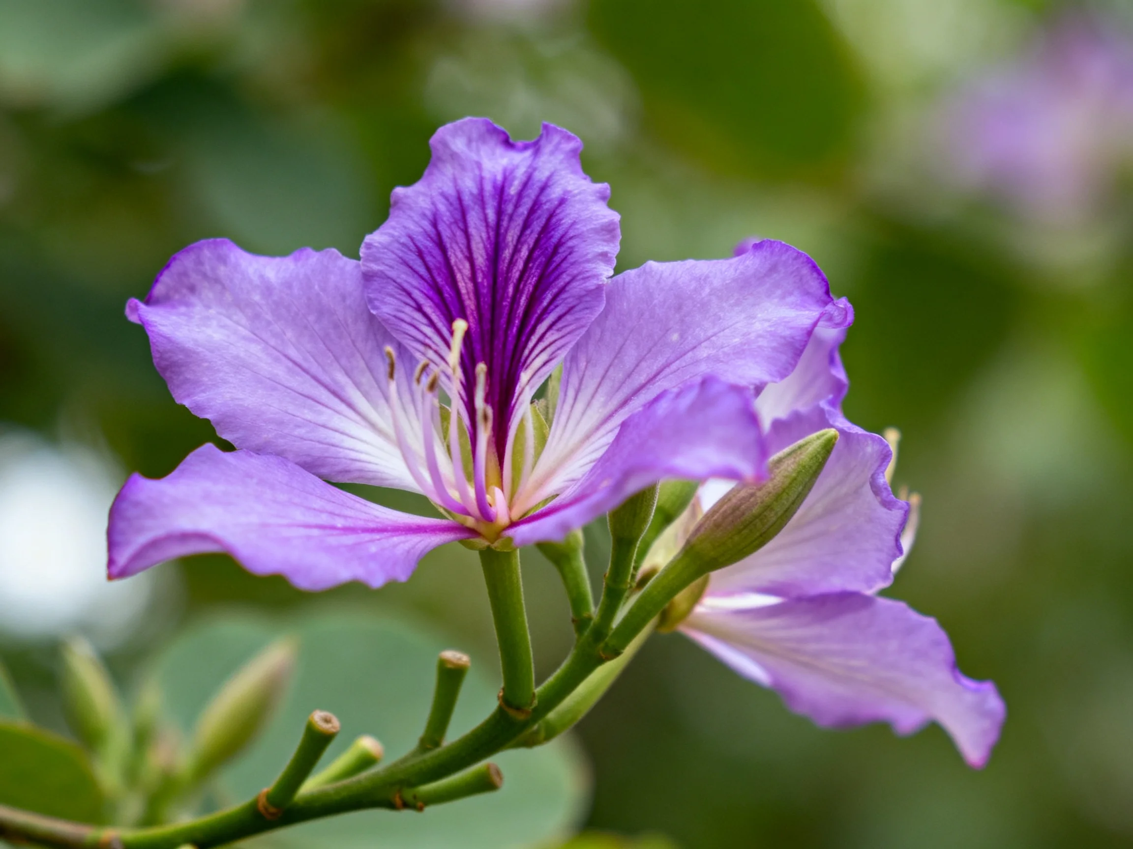 Vibrant purple flower with green stem and buds