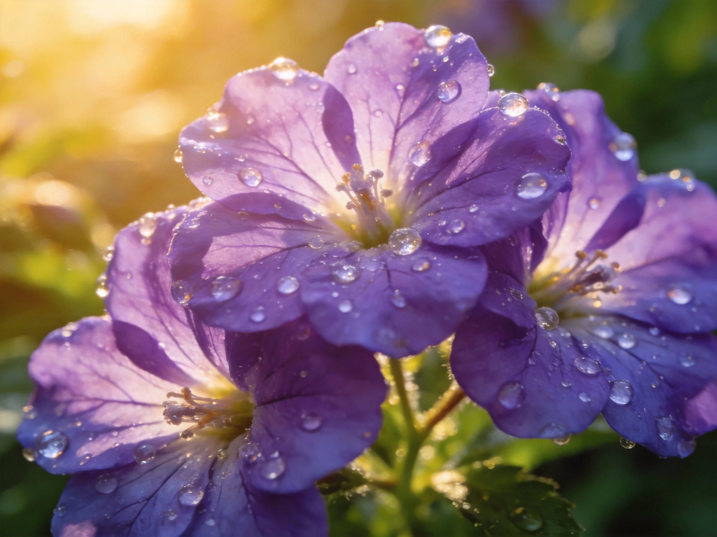 Vibrant purple flowers adorned with glistening dewdrops under warm sunlight