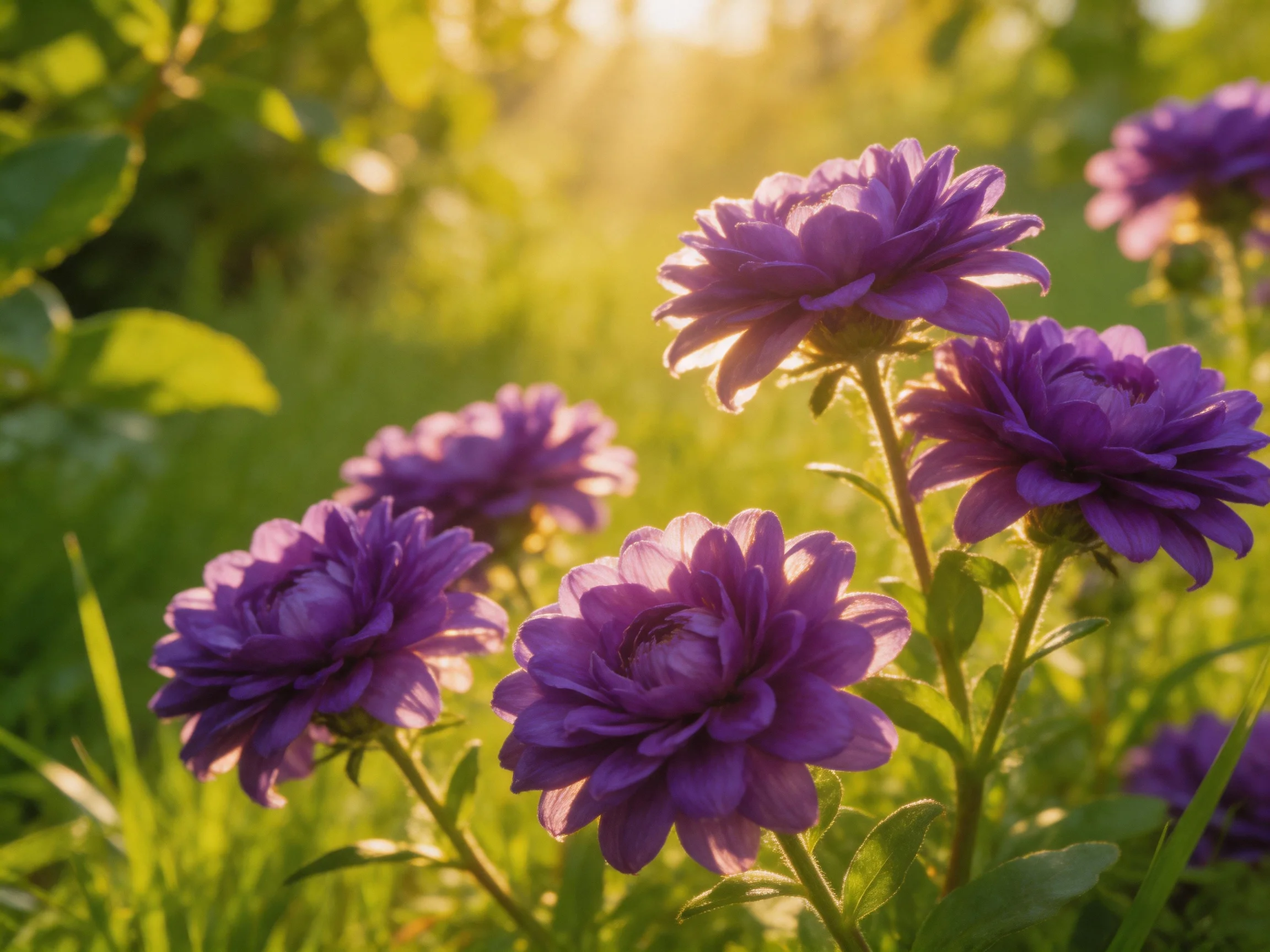 Vibrant purple flowers bloom amid lush green foliage in golden sunlight