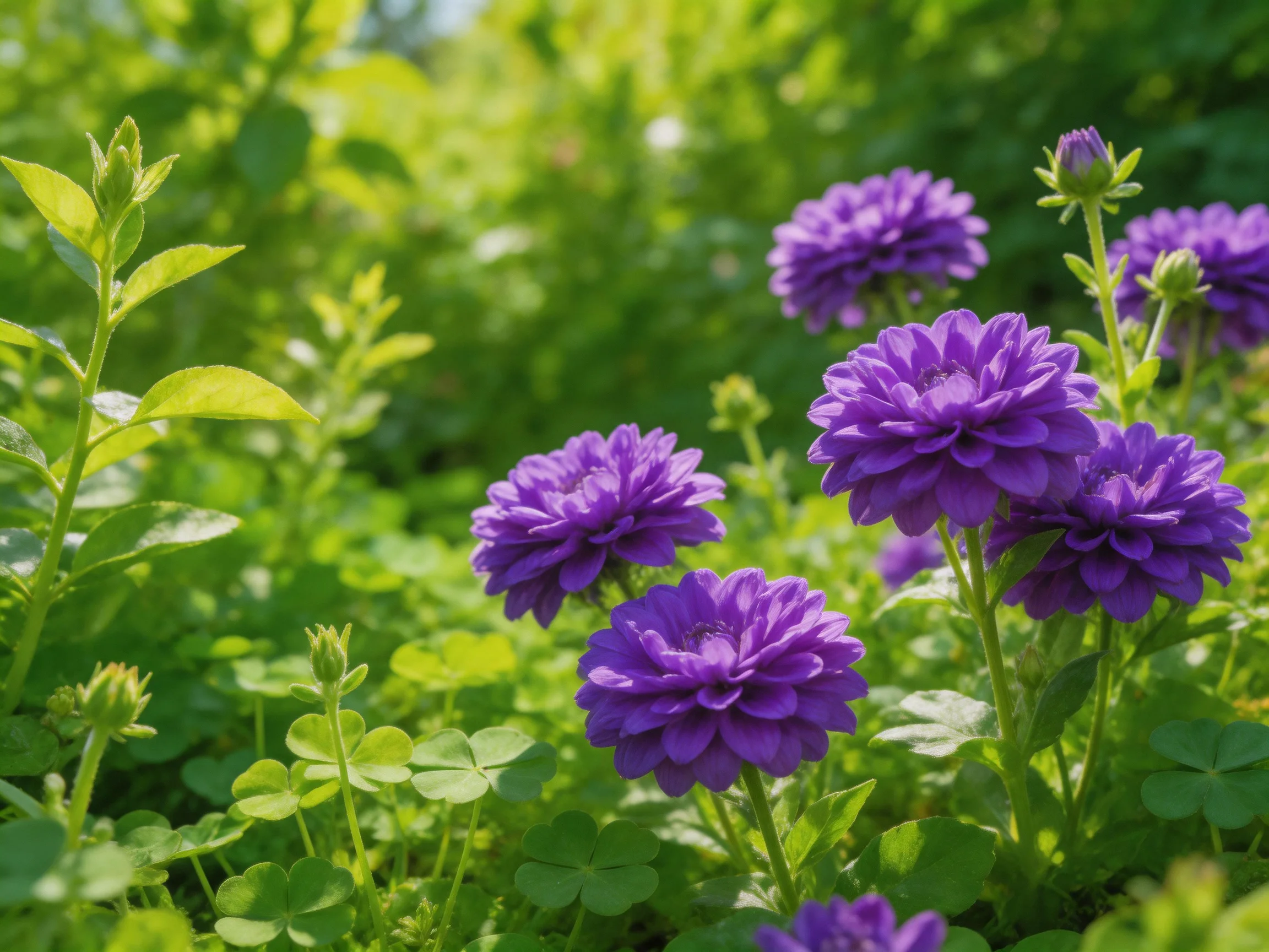 Vibrant purple flowers bloom amid lush green foliage in sunlit garden