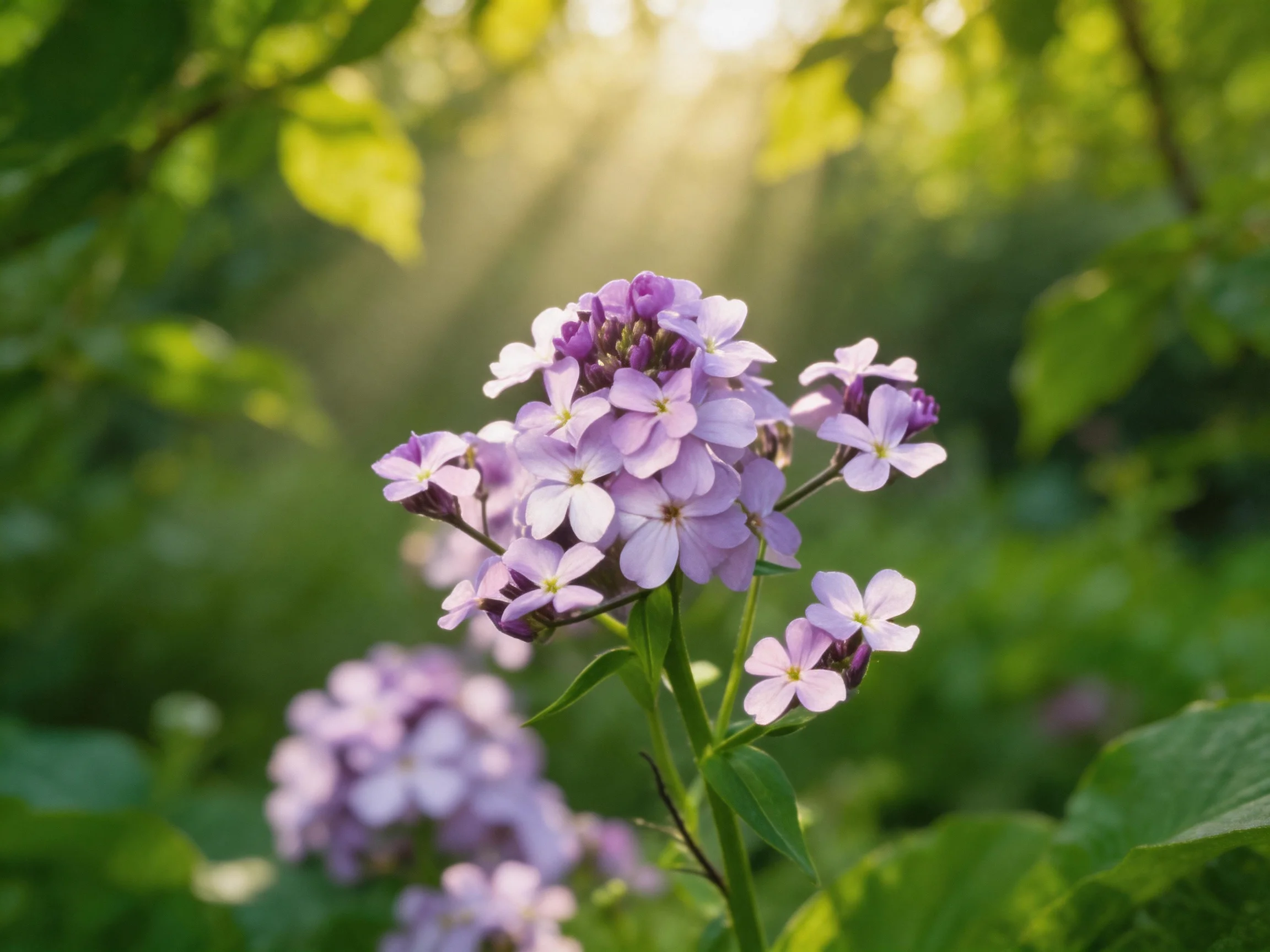 Vibrant purple flowers bloom amid lush greenery under golden sunlight