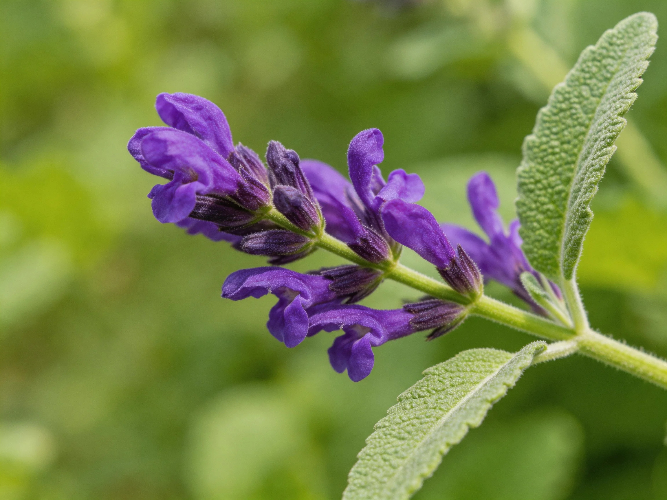 Vibrant purple flowers bloom among sage leaves