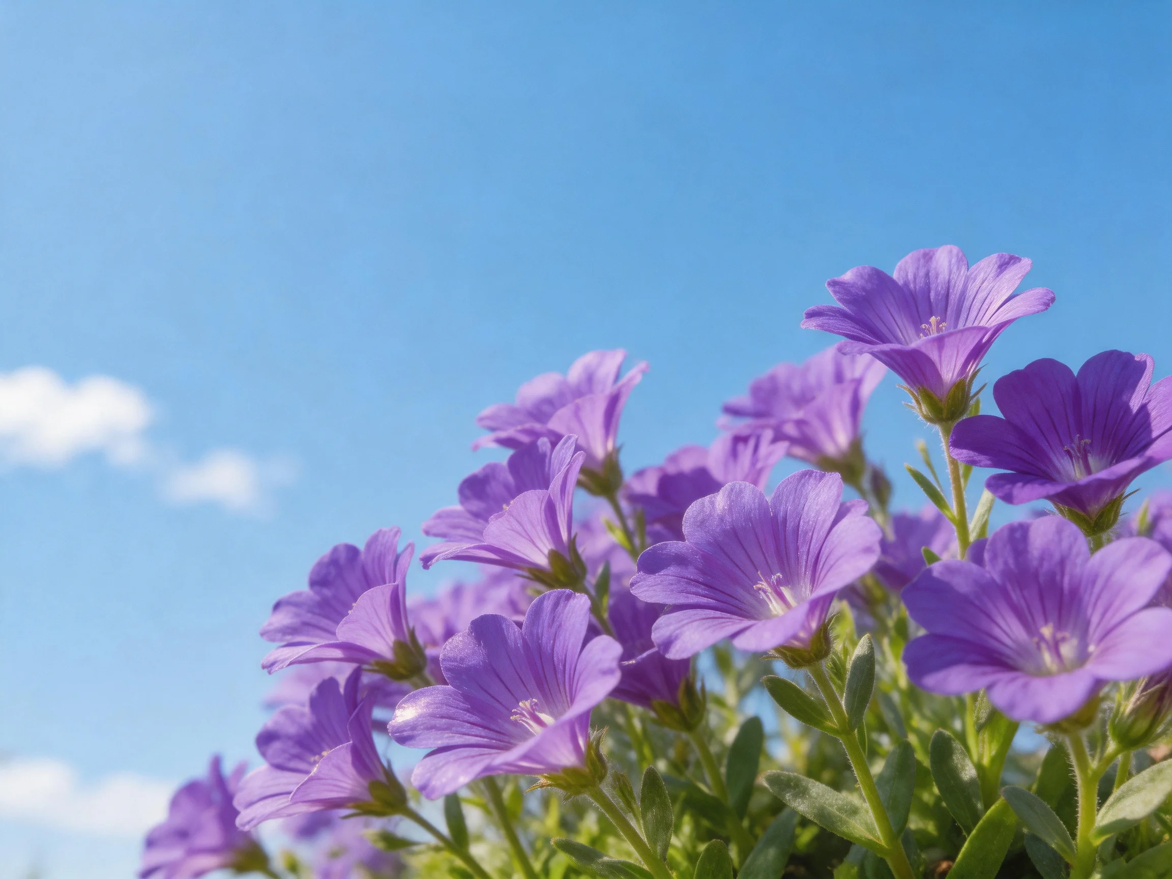 Vibrant purple flowers bloom beneath a clear blue sky