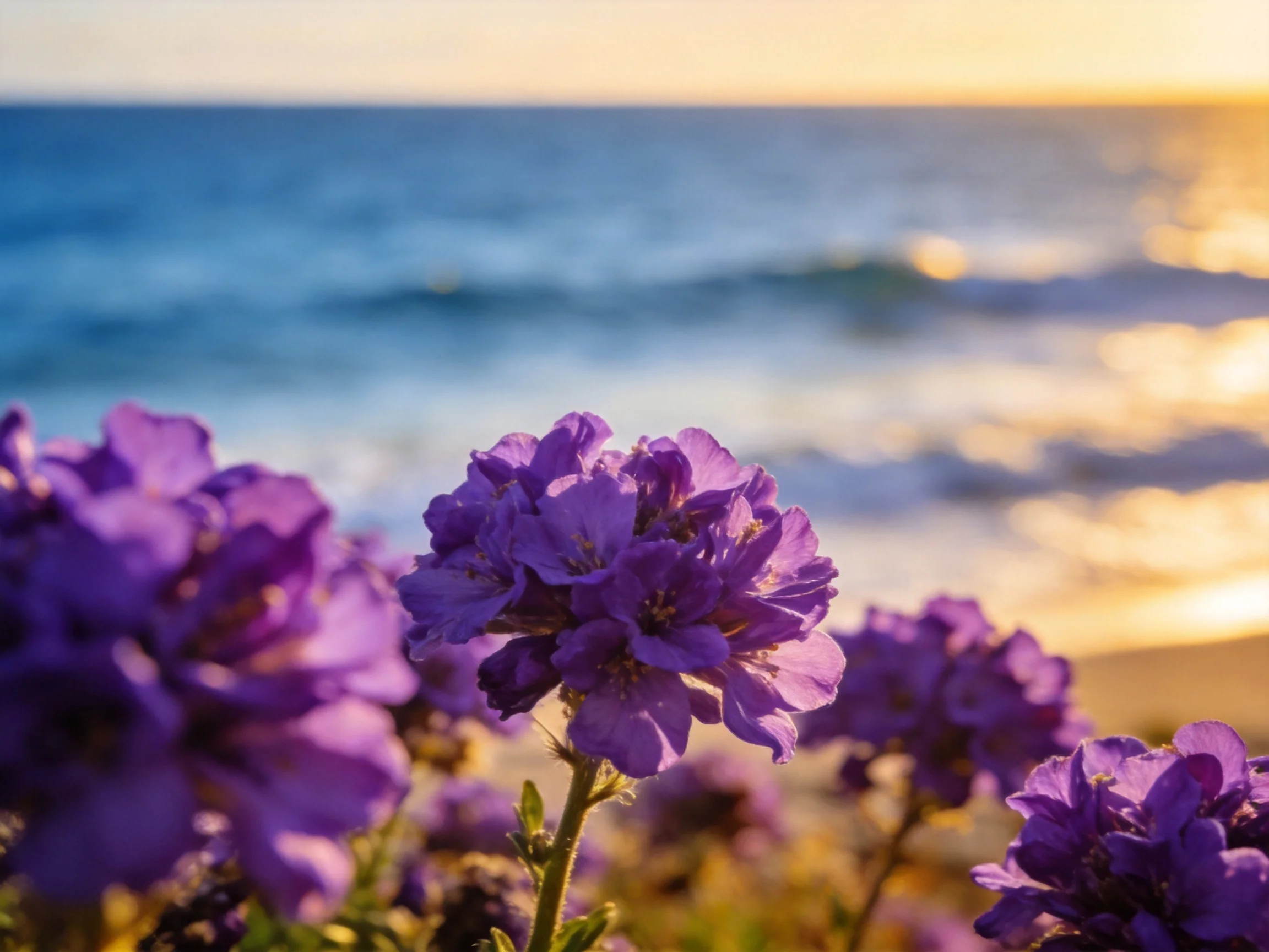 Vibrant purple flowers bloom by the glistening ocean shore at sunset