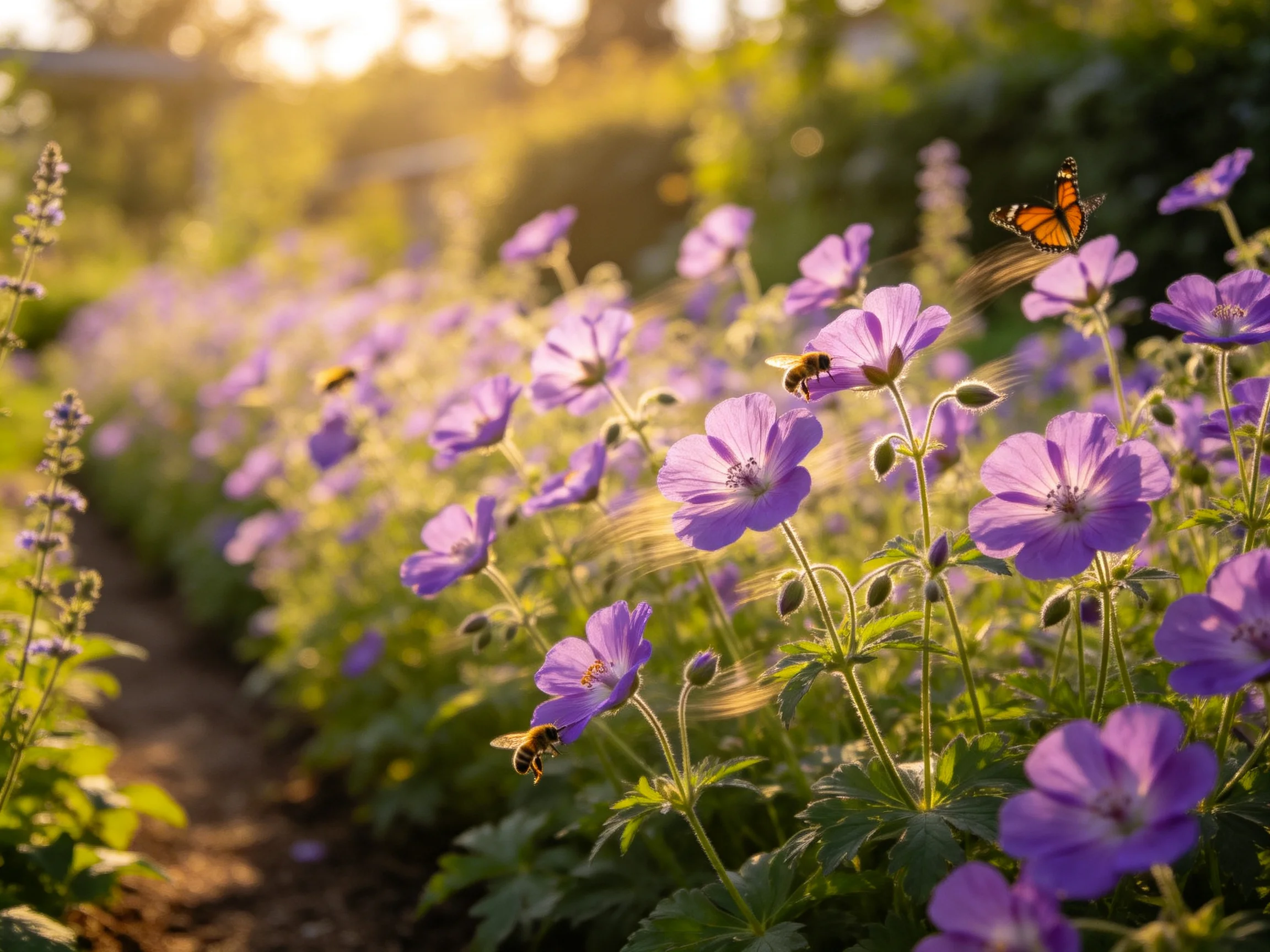 Vibrant purple flowers bloom in a sun-drenched garden with pollinators