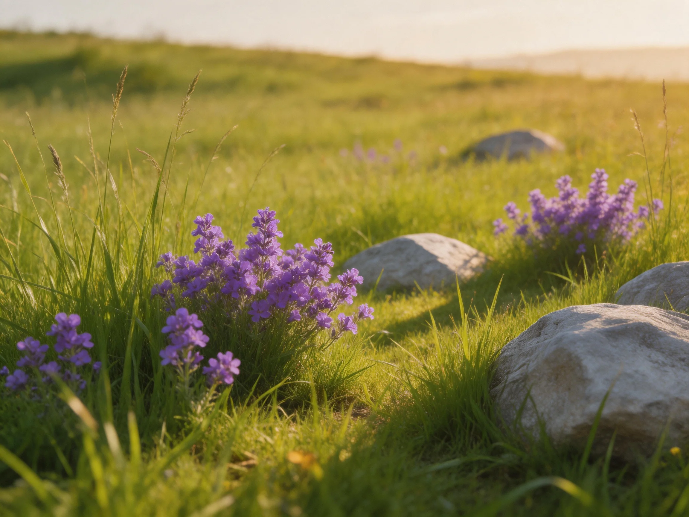 Vibrant purple flowers bloom near large gray rocks in a sun-drenched meadow