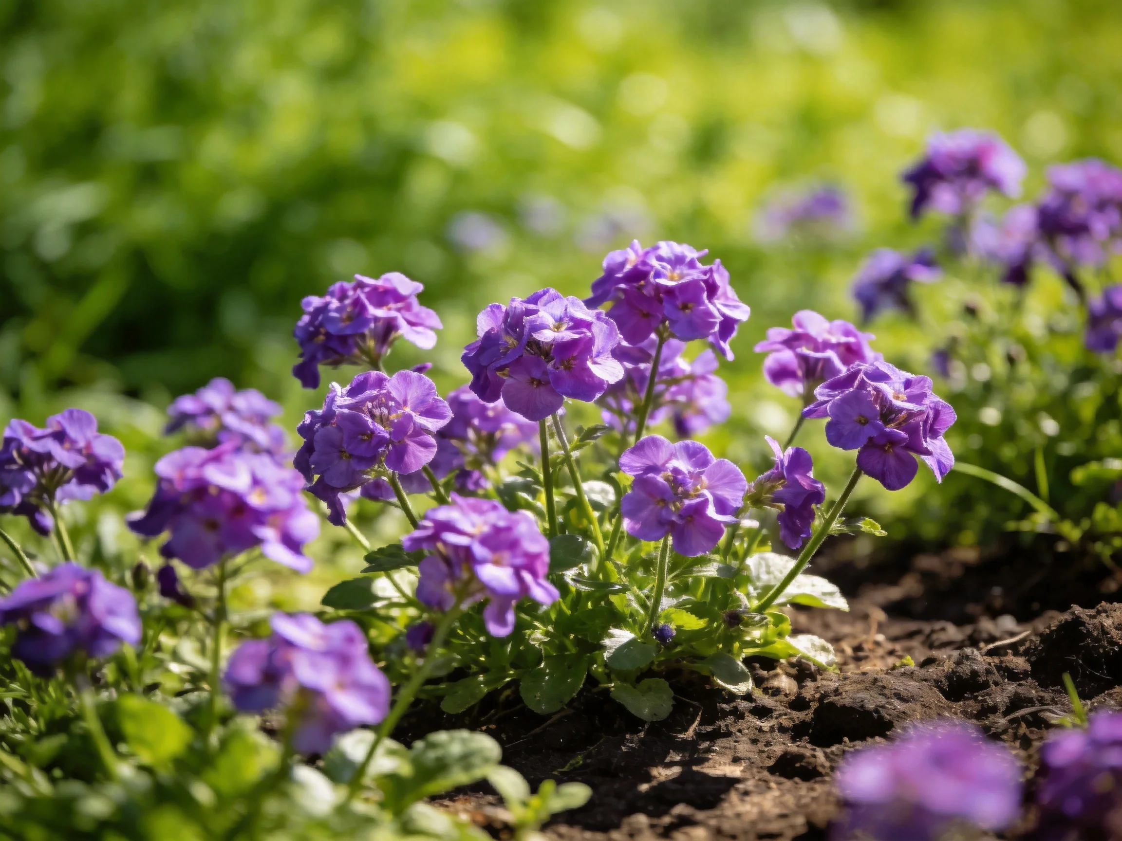 Vibrant purple flowers cluster amid lush green foliage in a sun-drenched garden.