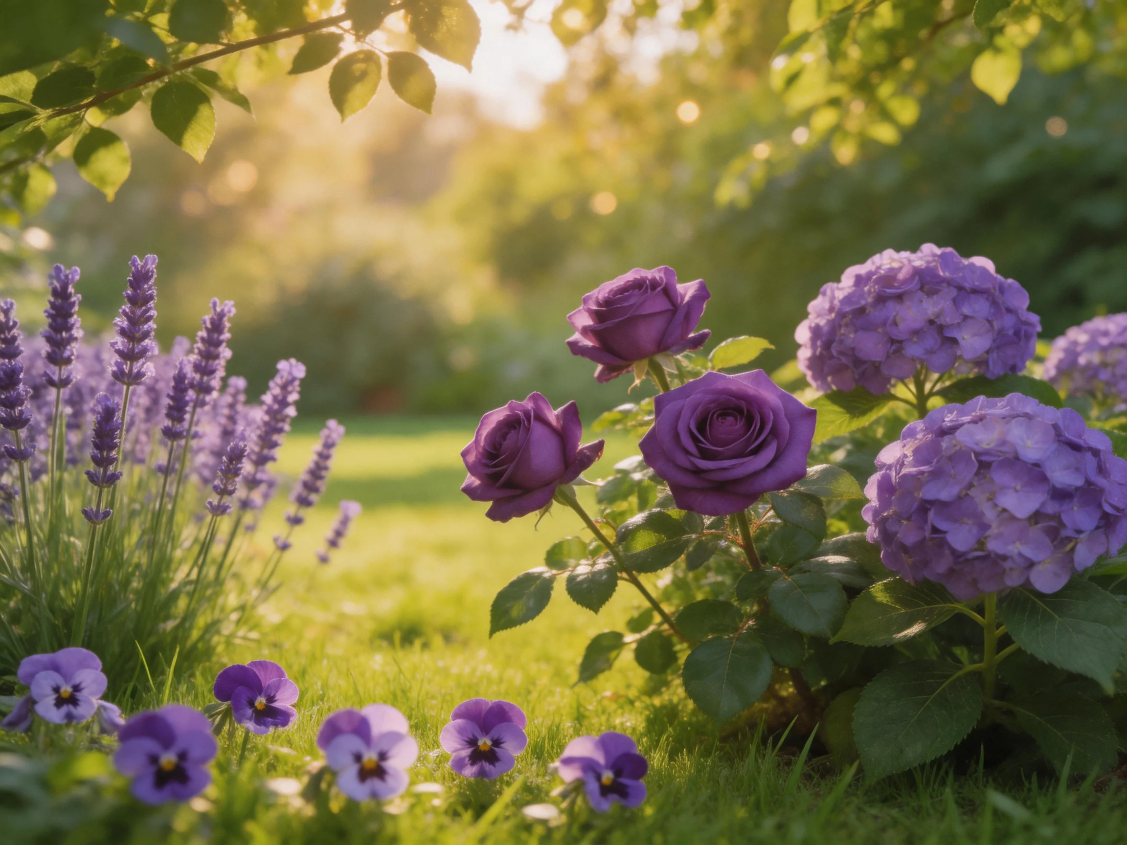 Vibrant purple flowers including roses, hydrangeas, and pansies in a sunlit garden