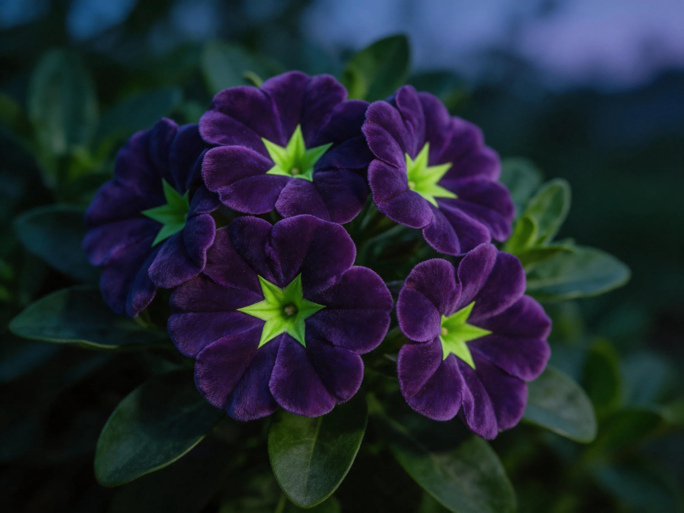 Vibrant purple flowers with bright green centers clustered among dark foliage