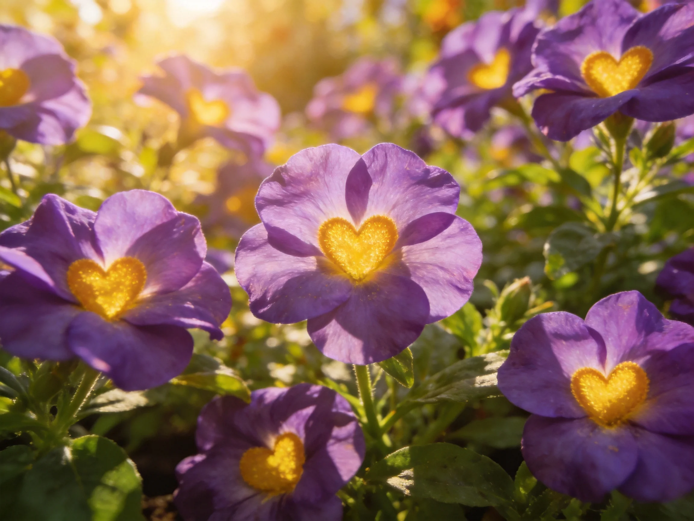 Vibrant purple flowers with golden heart centers bloom in warm sunlight