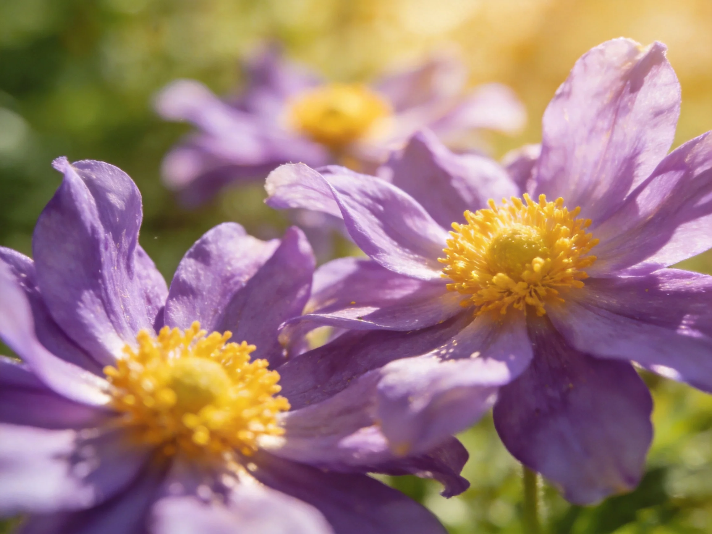 Vibrant purple flowers with golden yellow centers in sunny outdoor scene