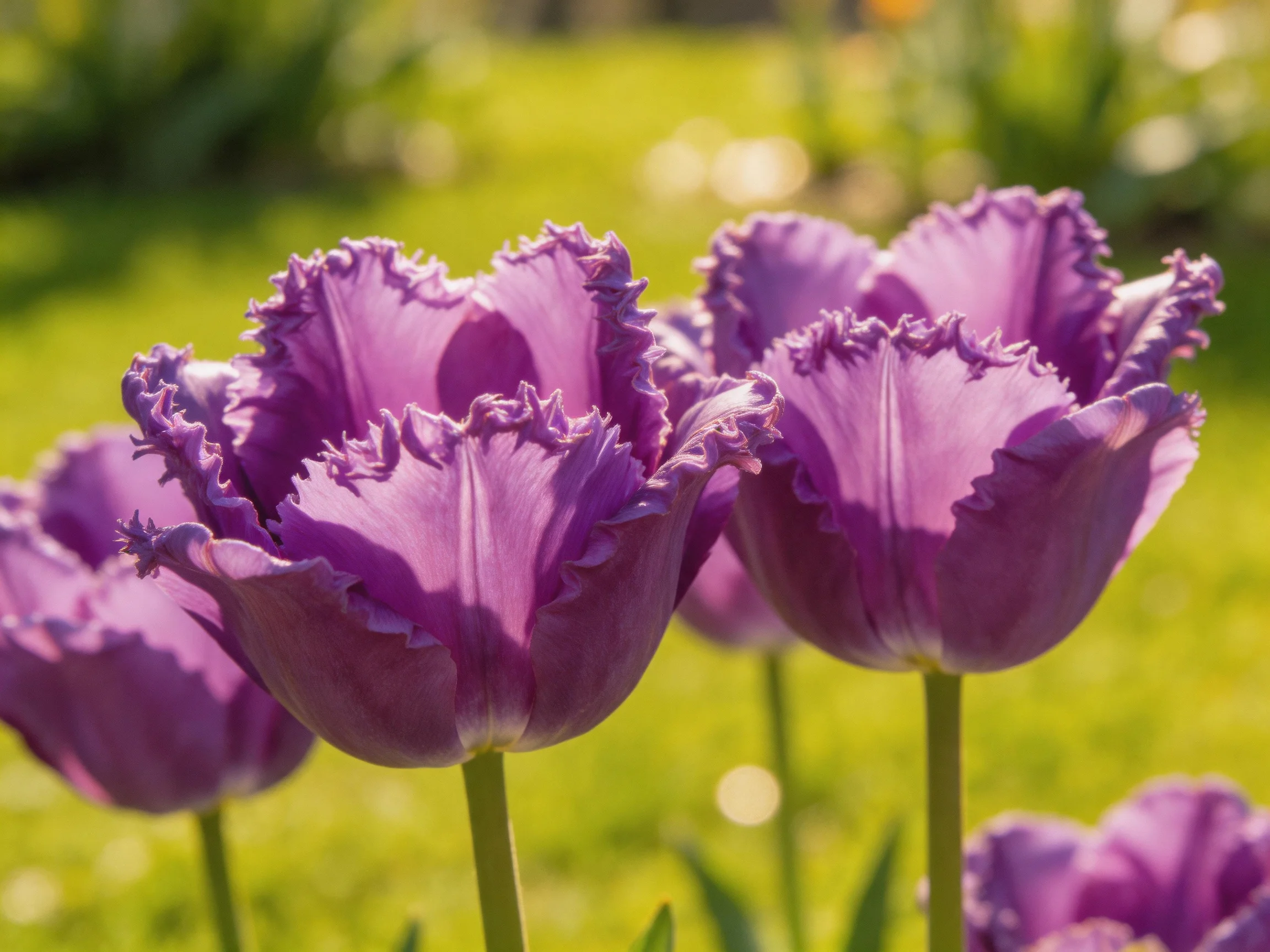 Vibrant purple fringed tulips bloom in a sunlit garden