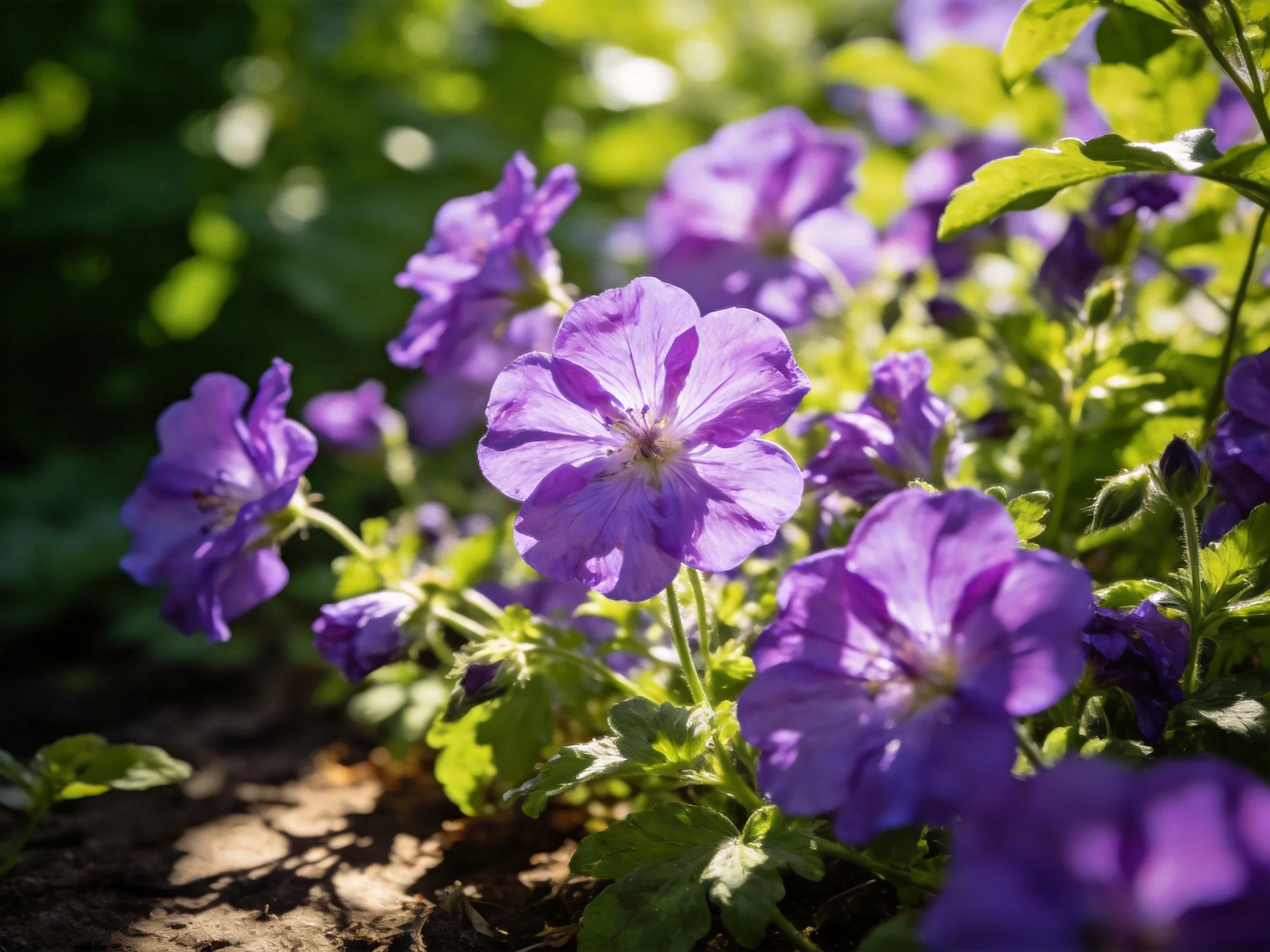 Vibrant purple geraniums bloom in a sun-dappled garden with lush greenery