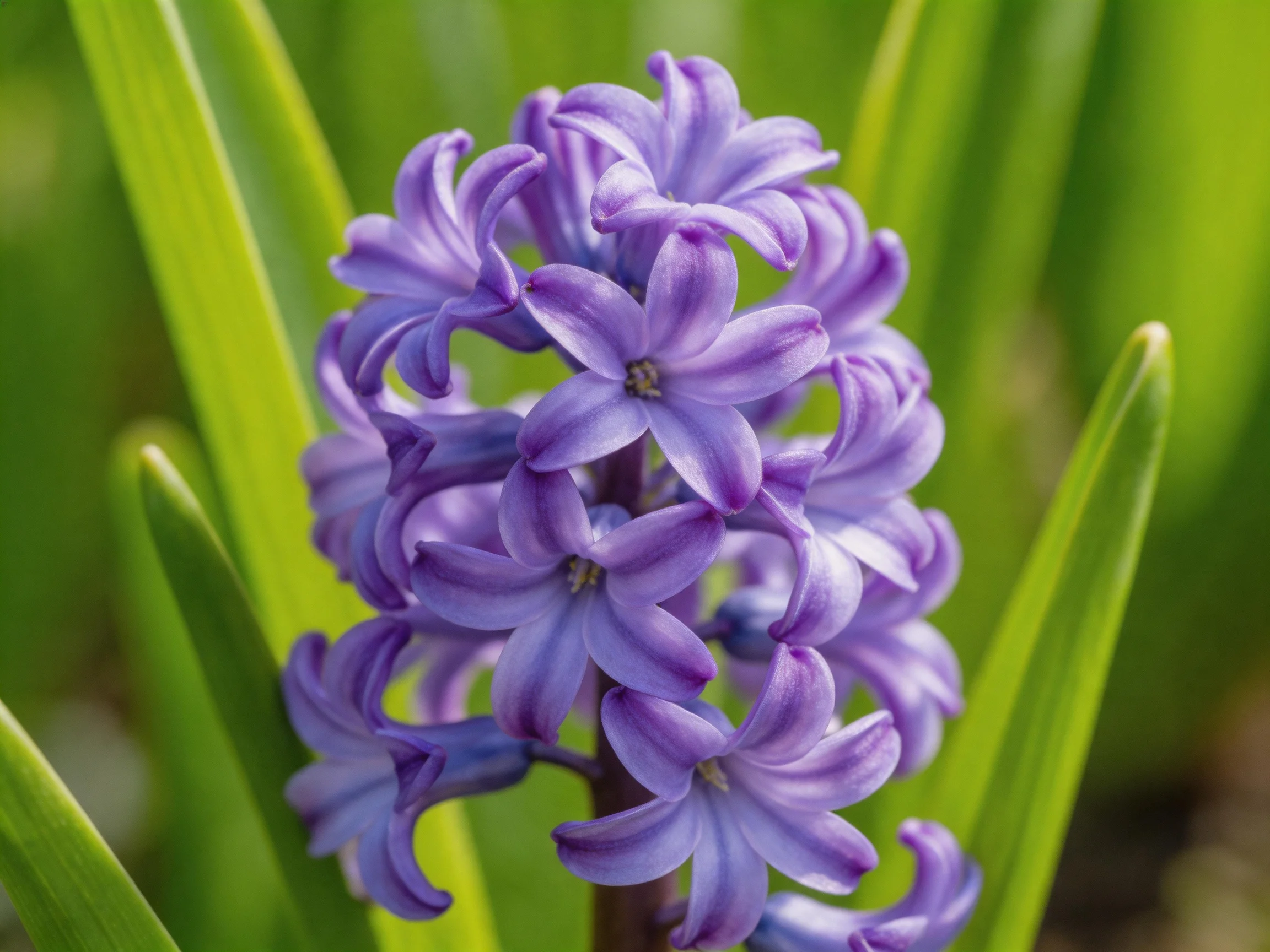 Vibrant purple hyacinth blooms surrounded by lush green foliage