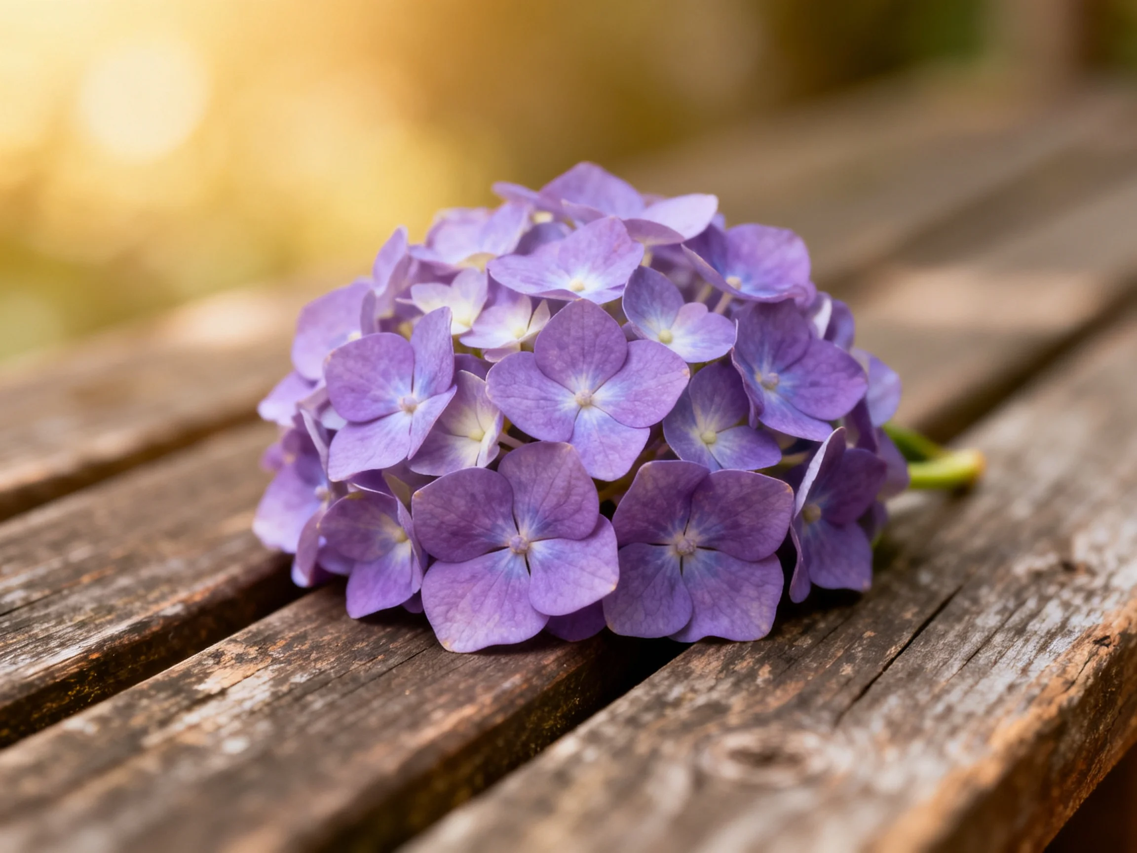 Vibrant purple hydrangea blooms rest on weathered wooden planks