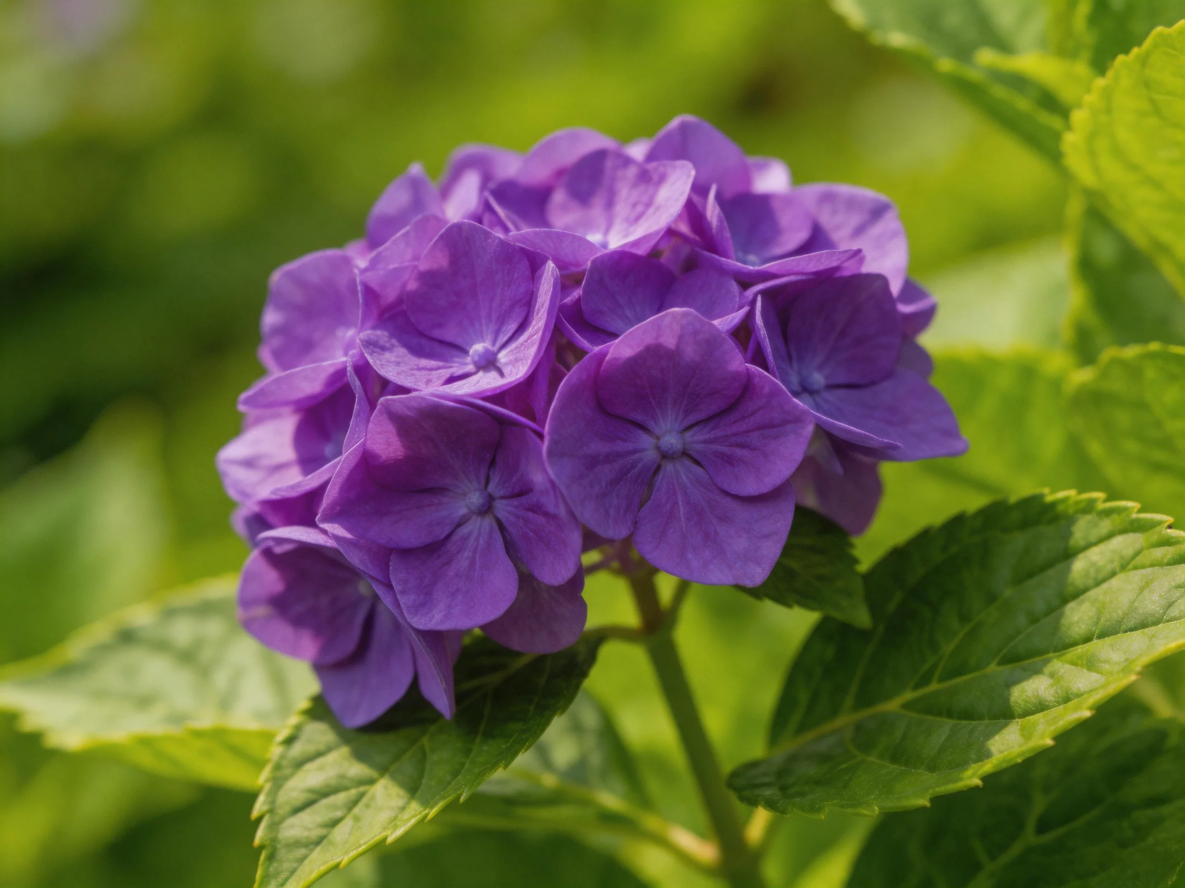 Vibrant purple hydrangea cluster surrounded by lush green foliage