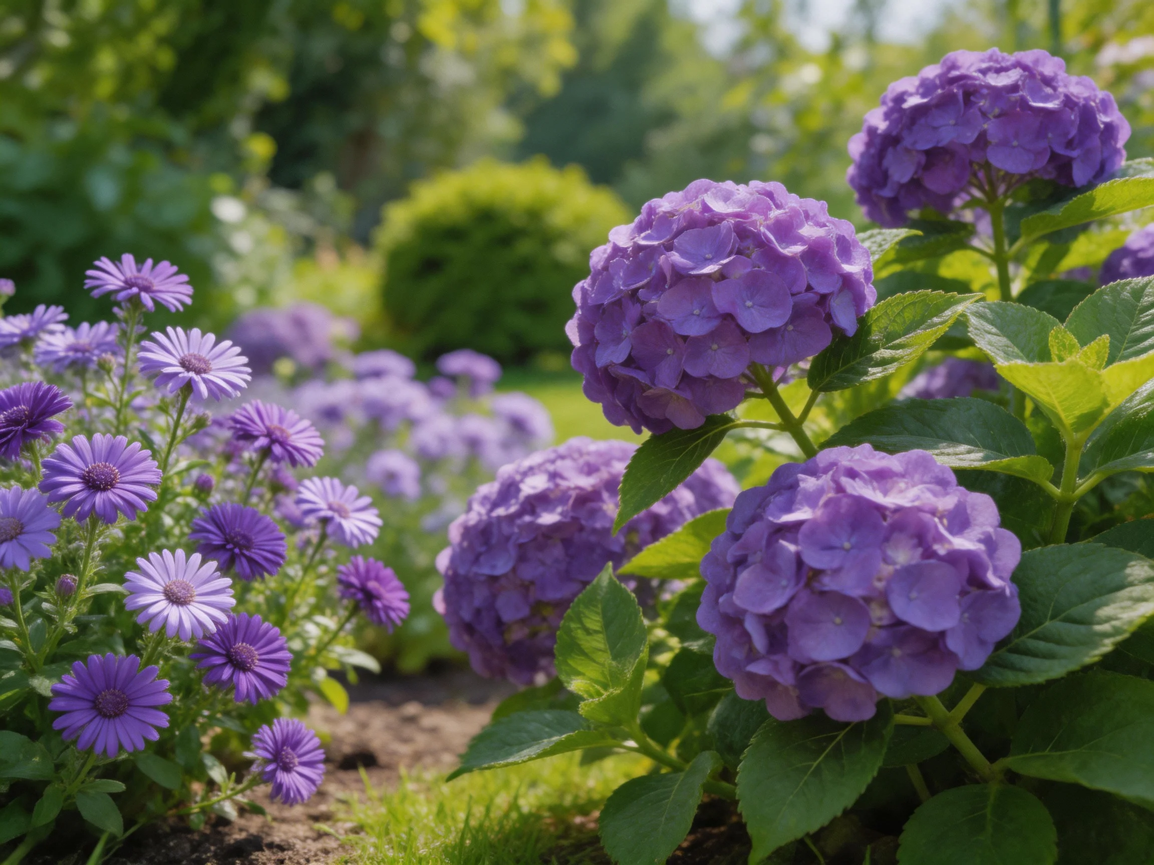 Vibrant purple hydrangeas and asters bloom in a sunlit garden