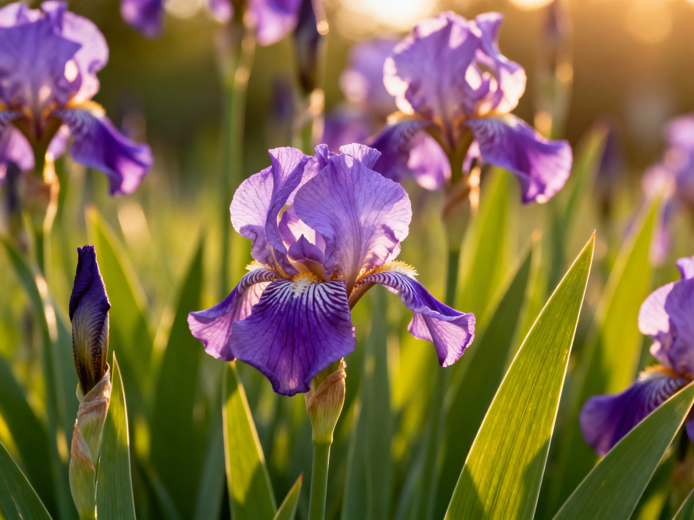 Vibrant purple iris blooms amidst lush green foliage under warm sunlight
