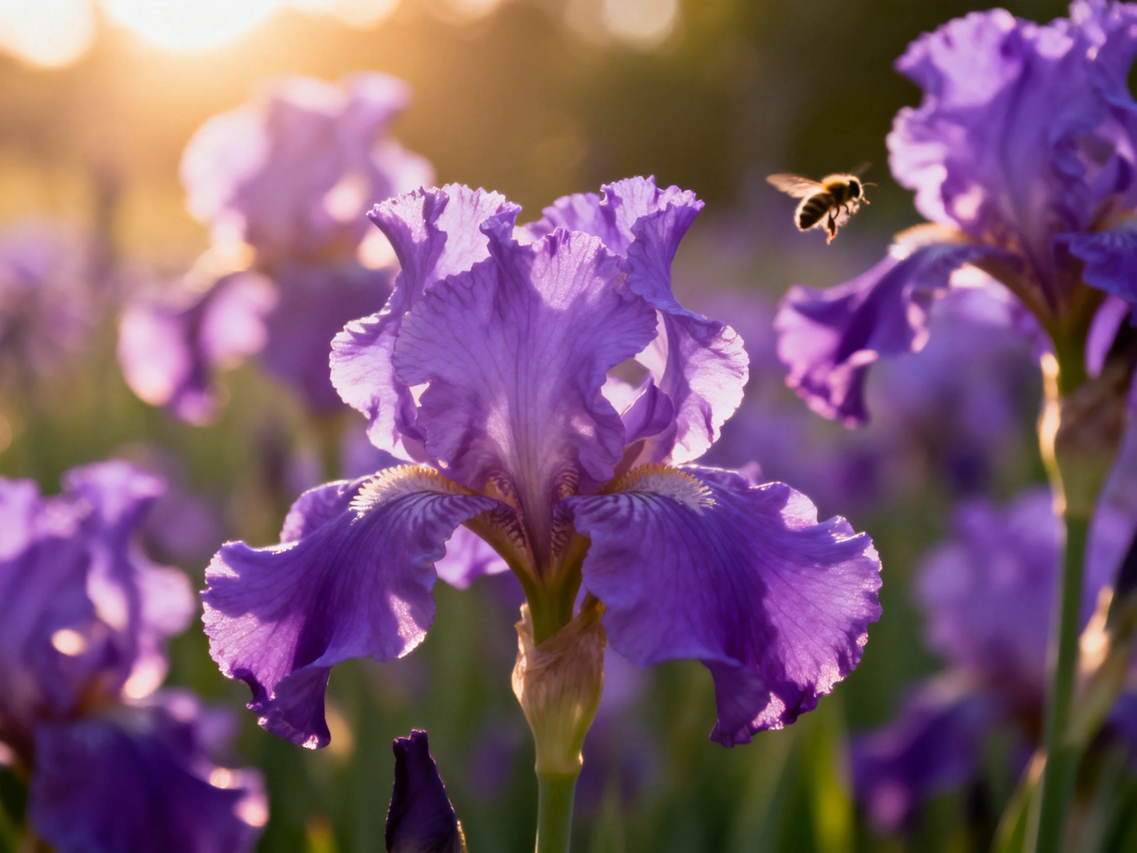 Vibrant purple iris blooms in a sun-drenched meadow with a bee nearby