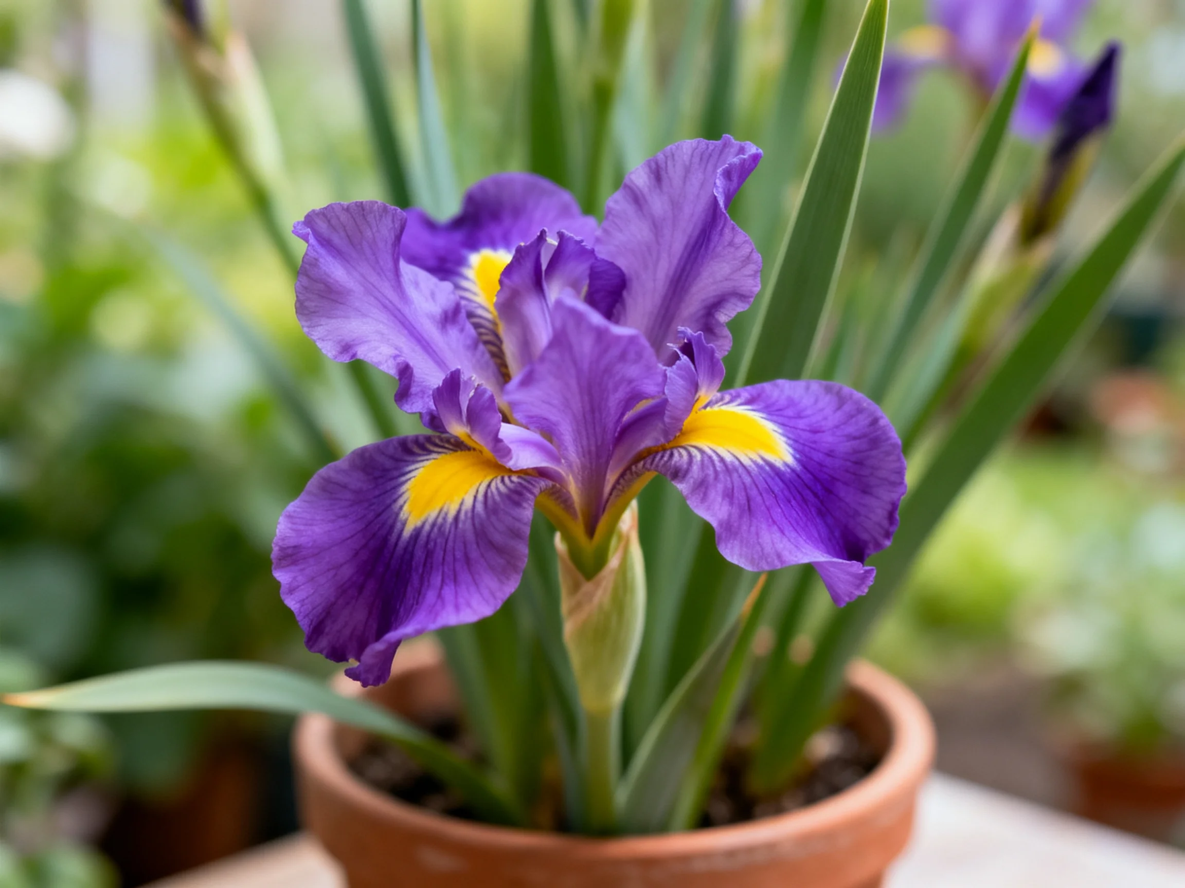 Vibrant purple iris blooms with yellow centers in a terracotta pot