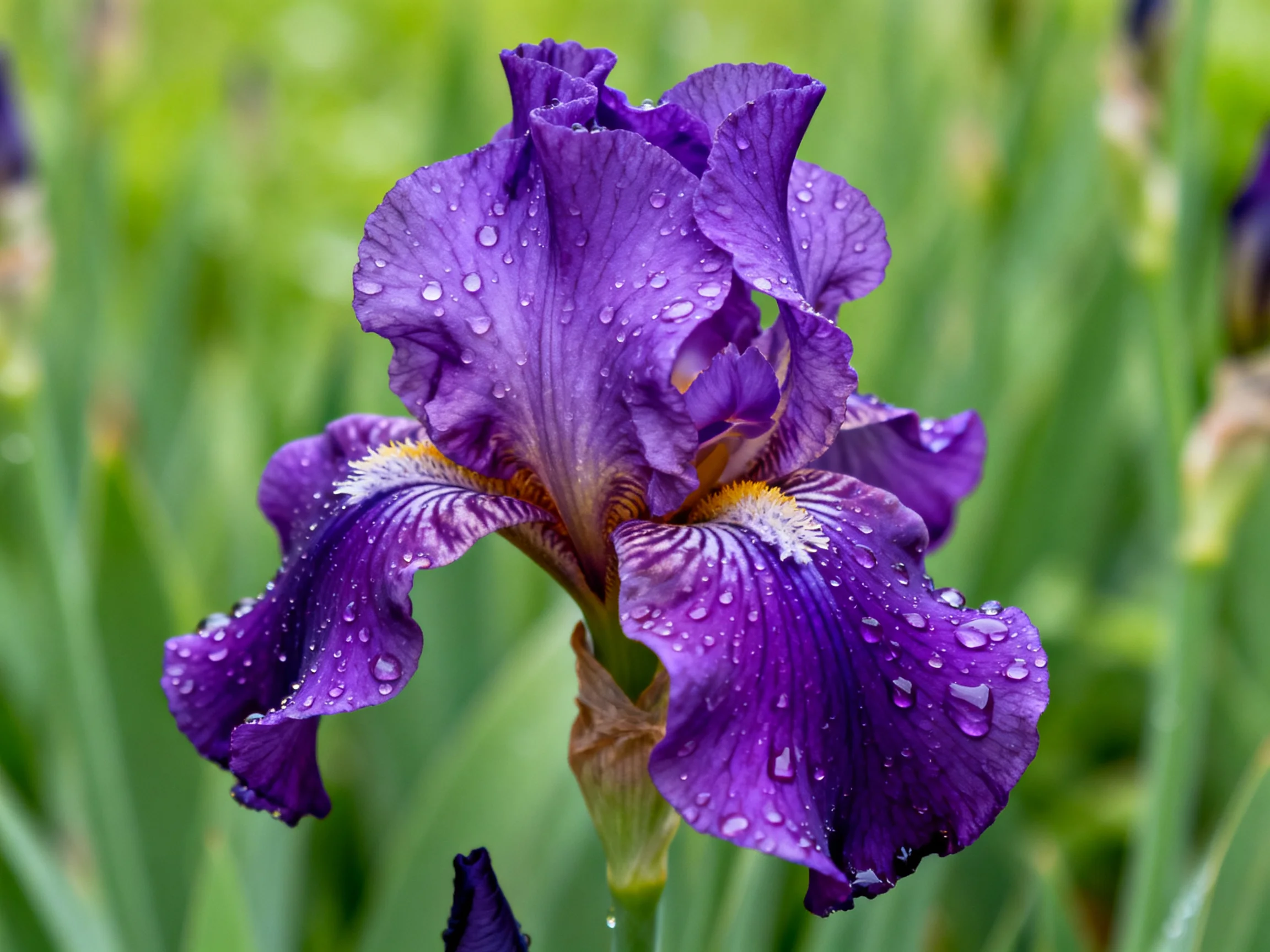 Vibrant purple iris flower covered in dewdrops