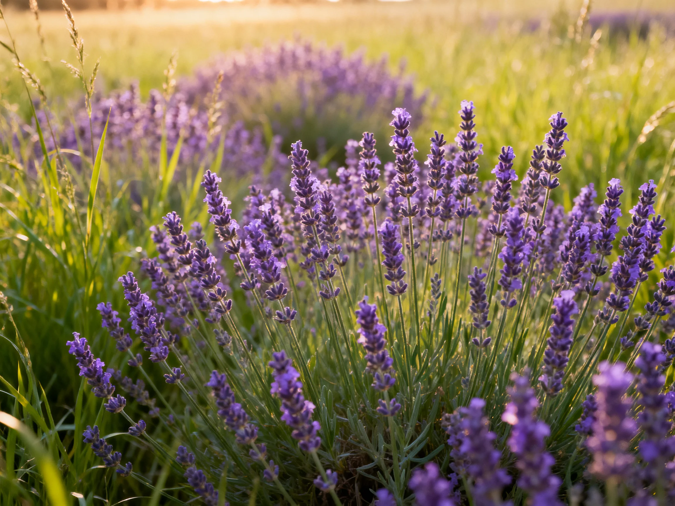 Vibrant purple lavender blooms amidst lush green grass under golden sunlight