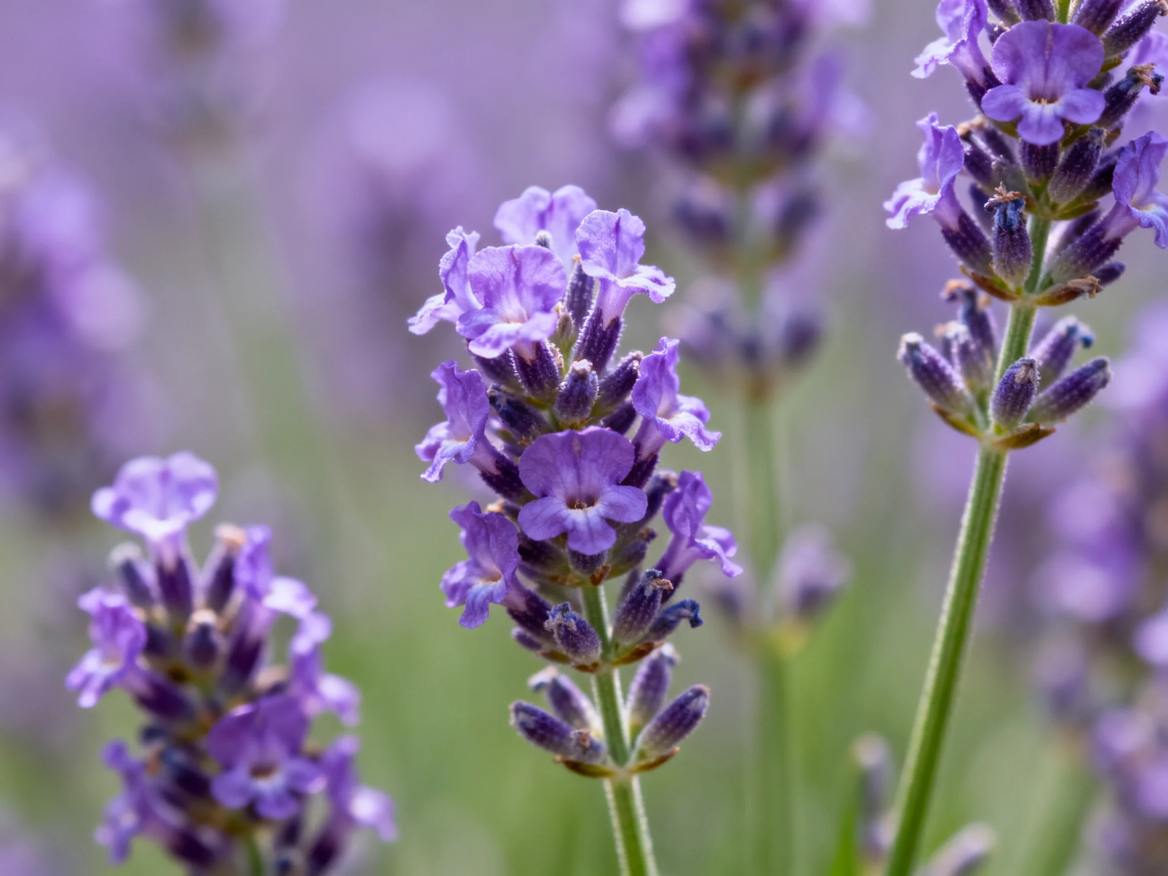 Vibrant purple lavender flowers in a softly blurred natural setting
