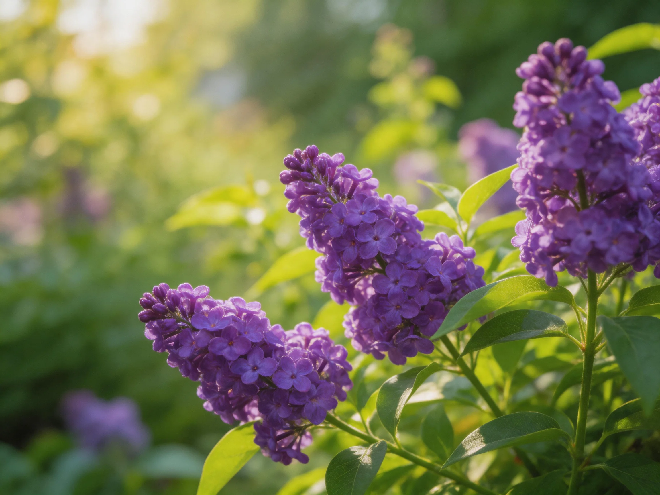 Vibrant purple lilac blooms amid lush green foliage in warm sunlight