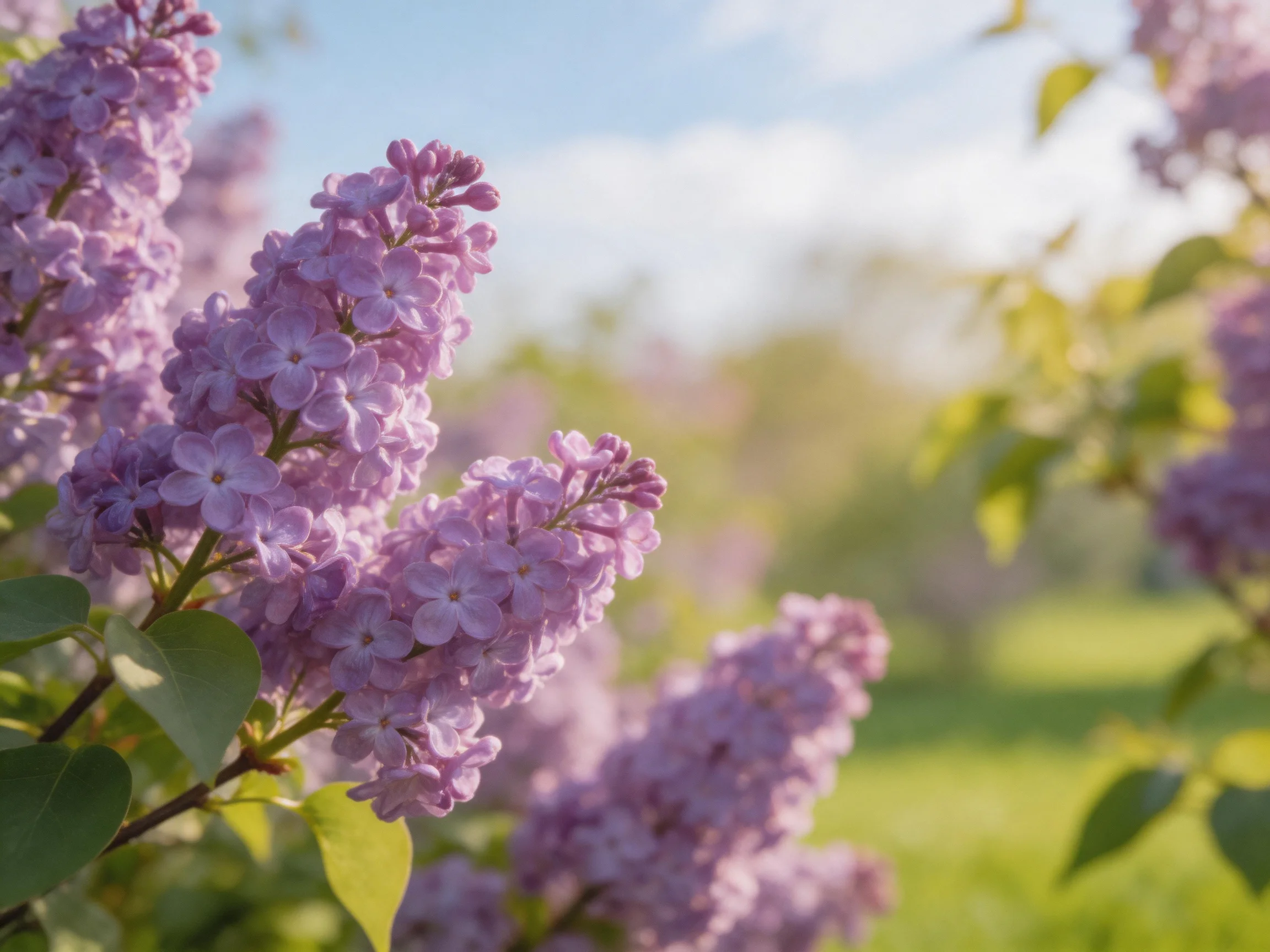 Vibrant purple lilac blooms in a sunlit garden scene
