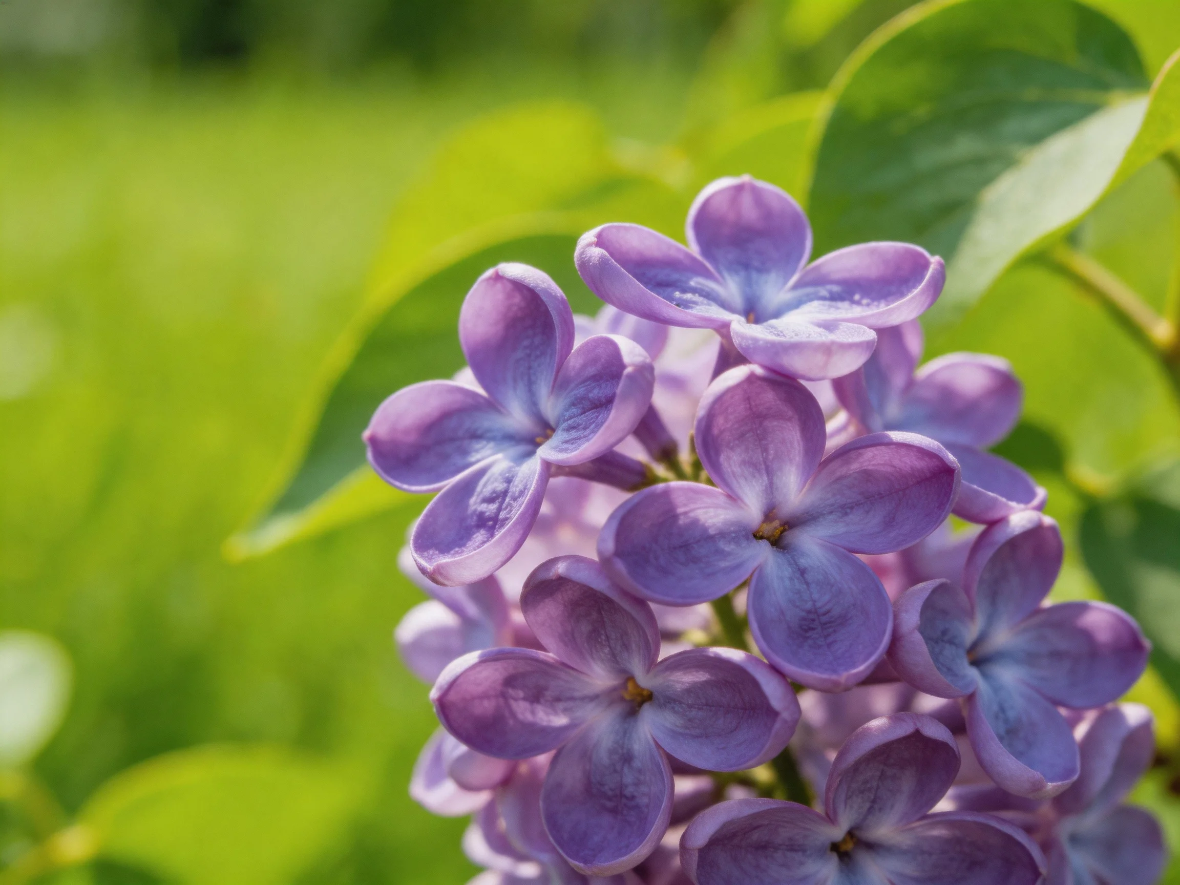 Purple lilac flowers cluster amid lush green foliage in a sunlit setting.