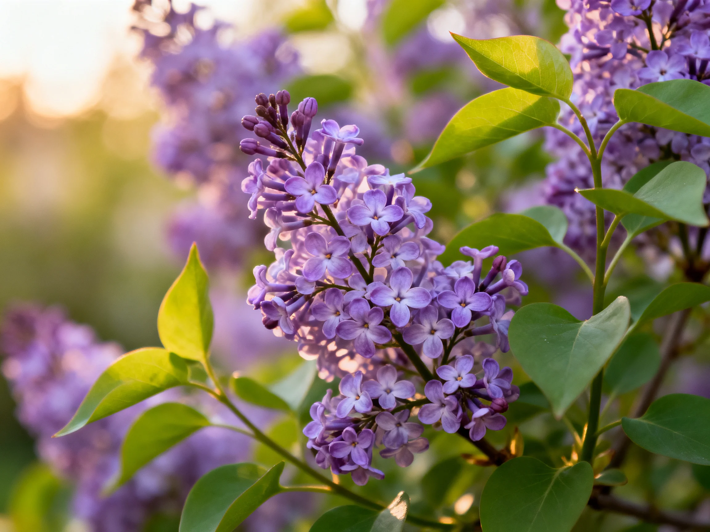 Vibrant purple lilac blooms with lush green foliage under warm sunlight