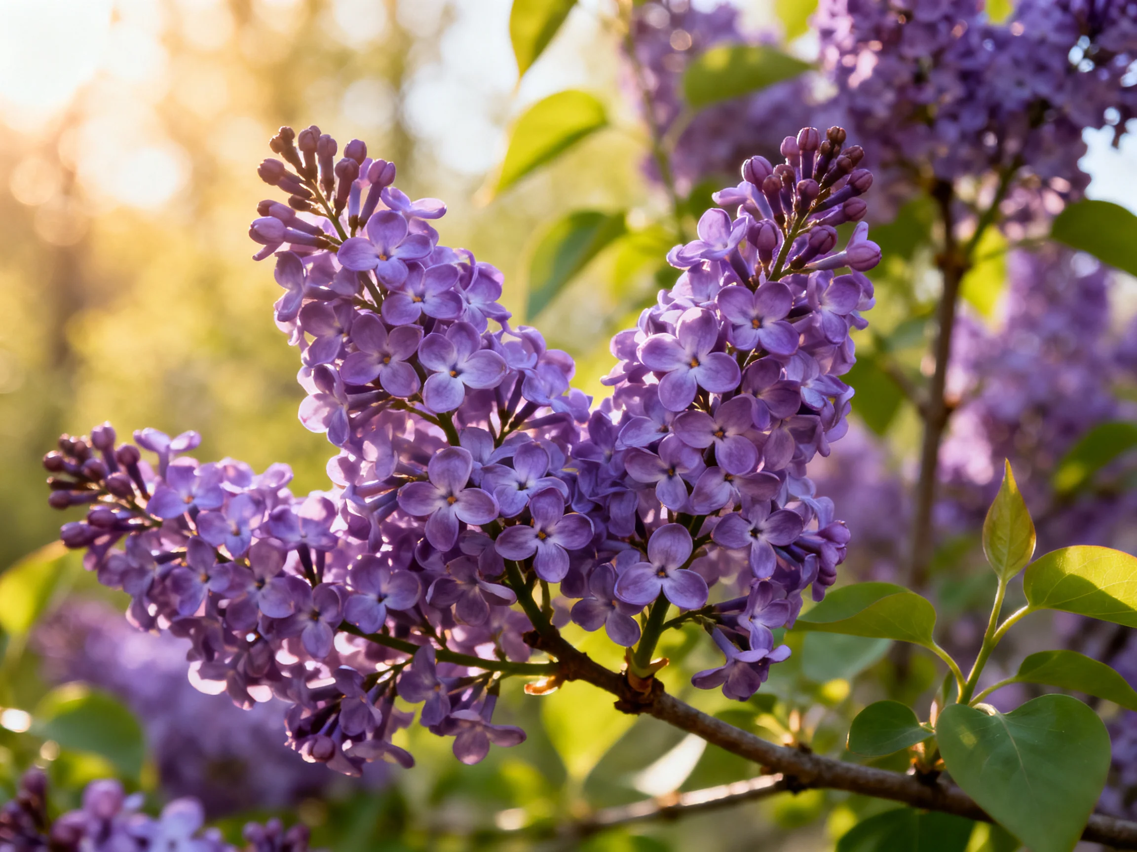 Vibrant purple lilac flower clusters illuminated by sunlight