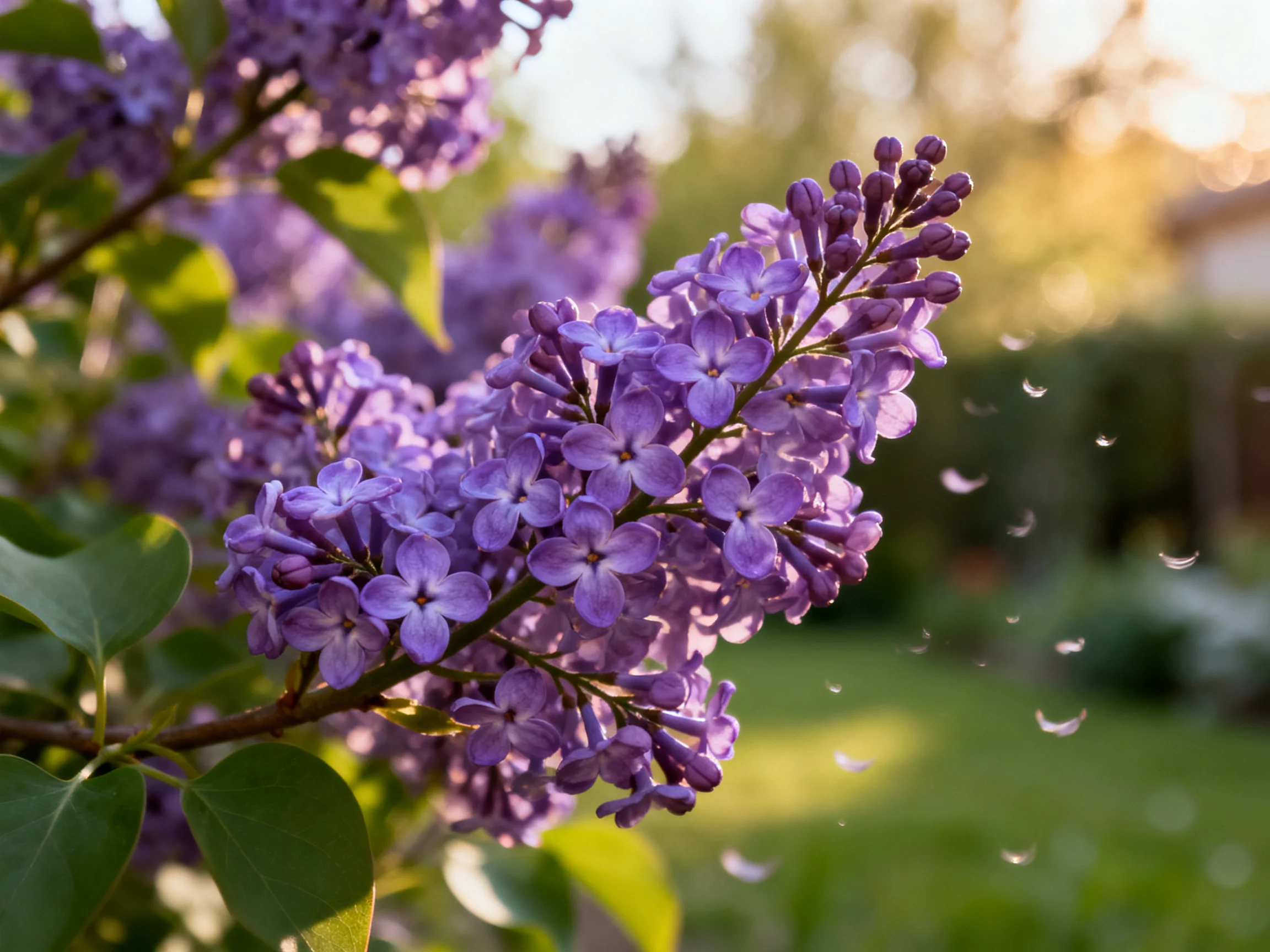 Vibrant purple lilacs bloom in a sunlit garden with falling petals