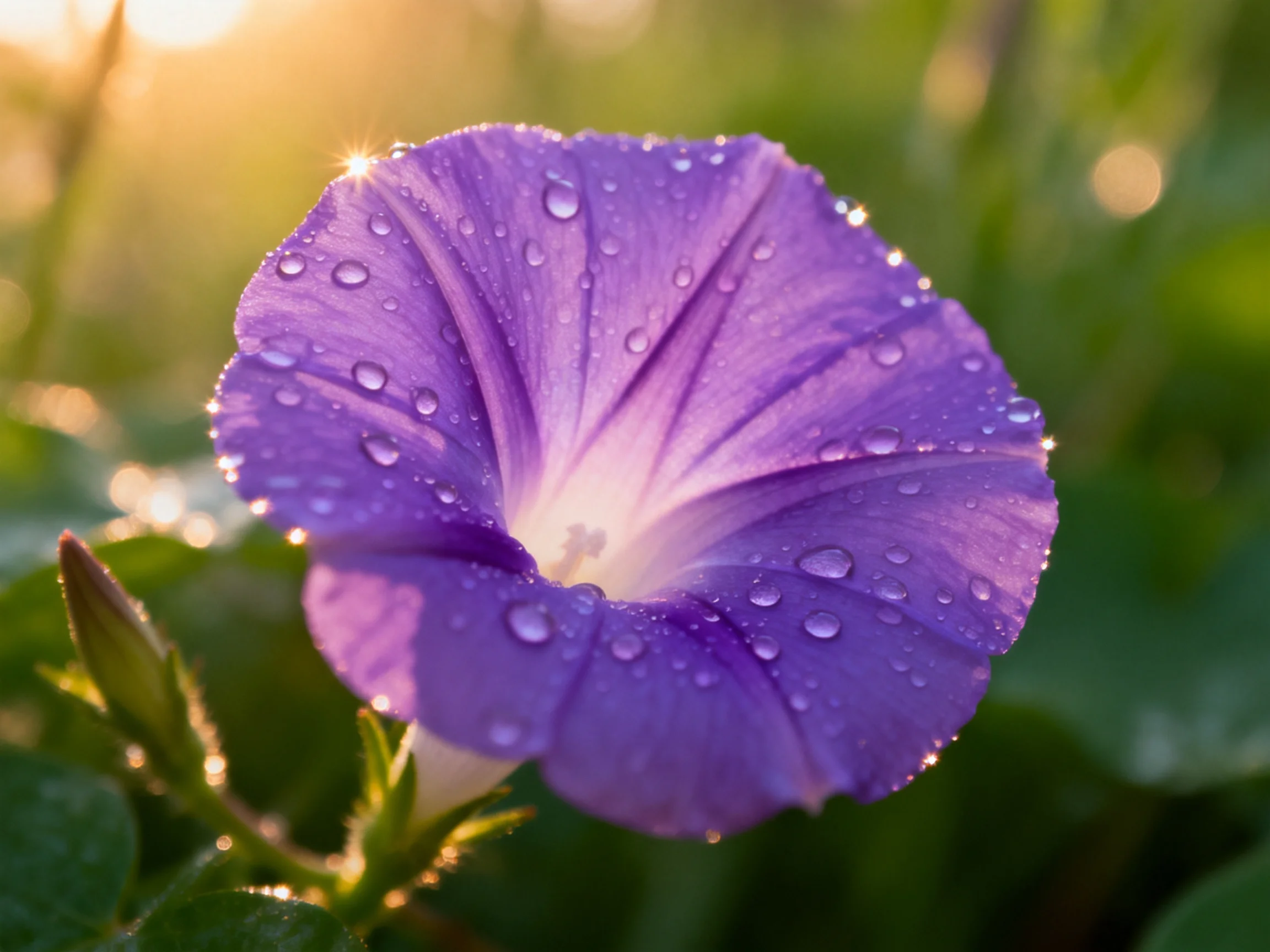 Vibrant purple morning glory flower with dewdrops in sunlight