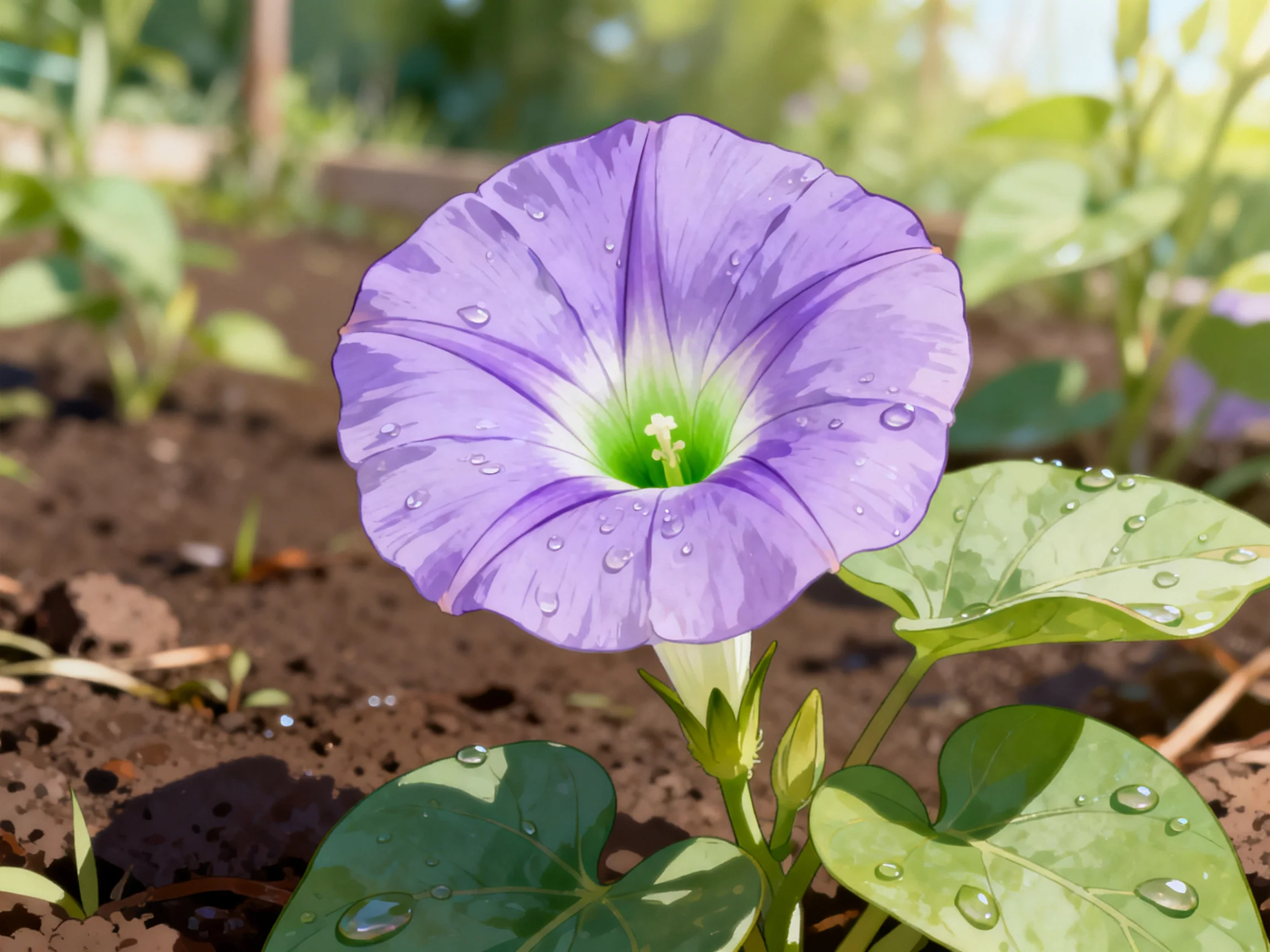 Vibrant purple morning glory with dew drops on petals and leaves
